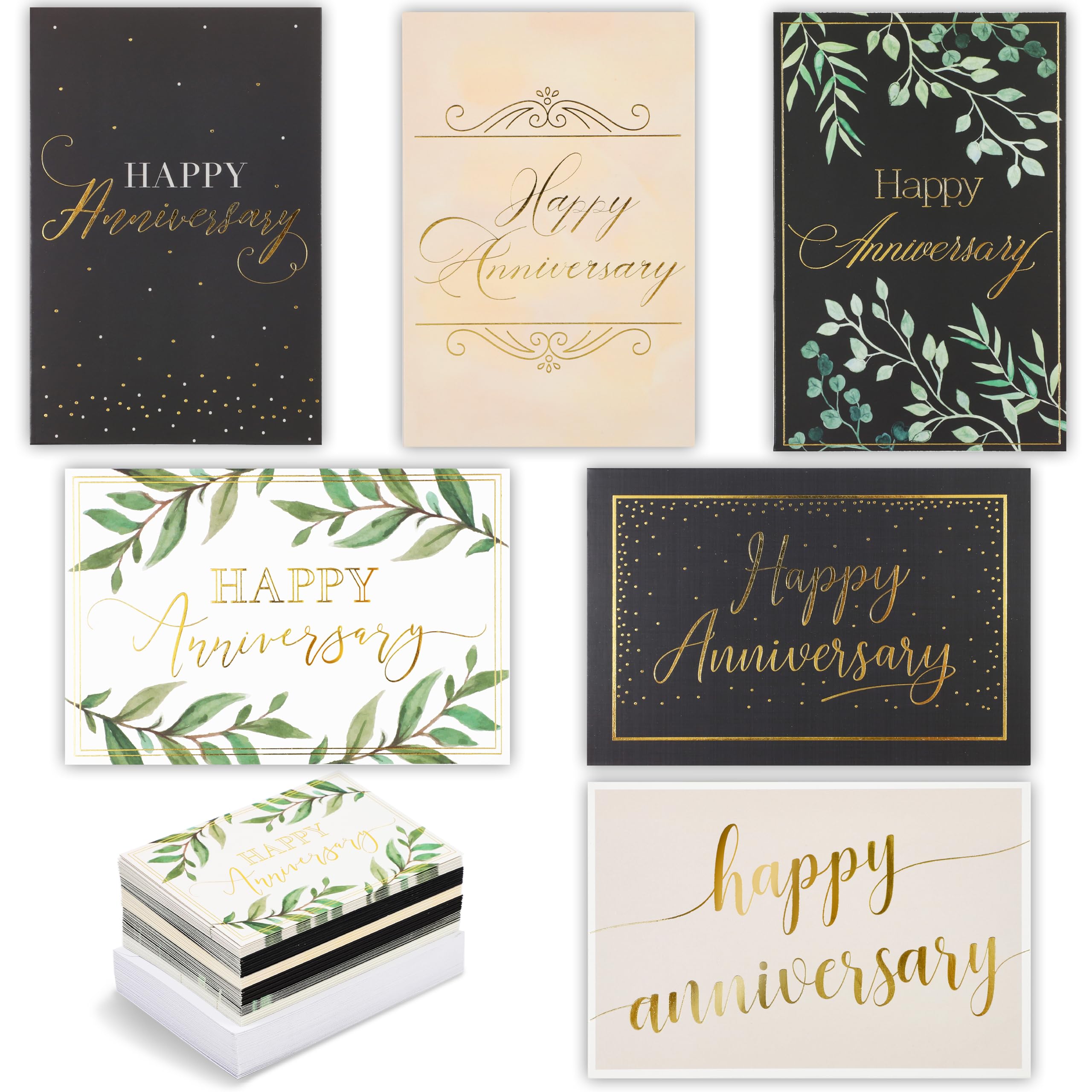 Happy Anniversary Cards with 6 Gold Foil Designs and Envelopes (4 x 6 in, 48 Pk)