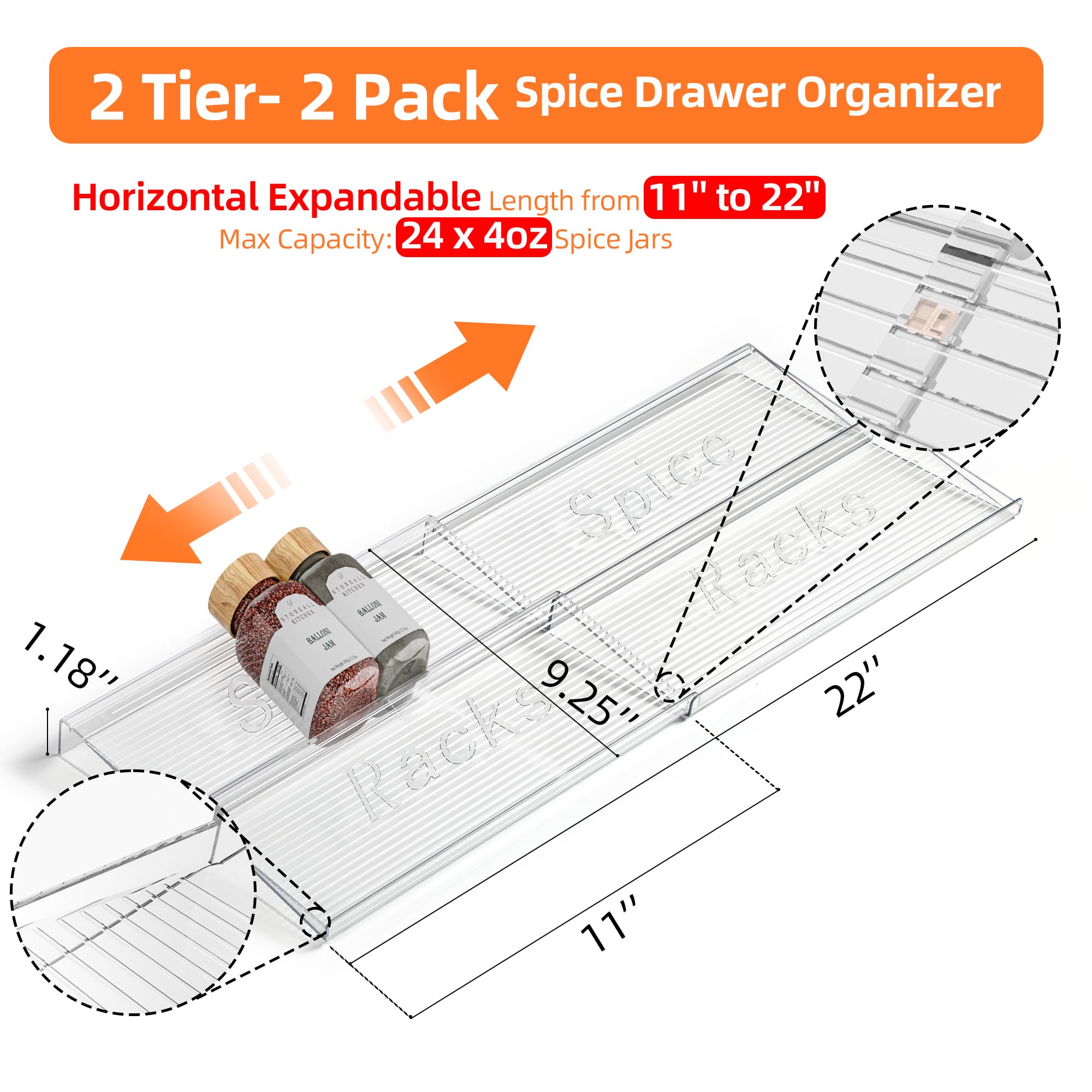 PanPanPal Spice Drawer Organizer, 2 Tier- 2 Pack Clear Acrylic Drawer Seasoning Organizer, Expandable From 11'' to 22'' Kitchen Spice Rack Organizers and Storage for Drawer (Jars not included)