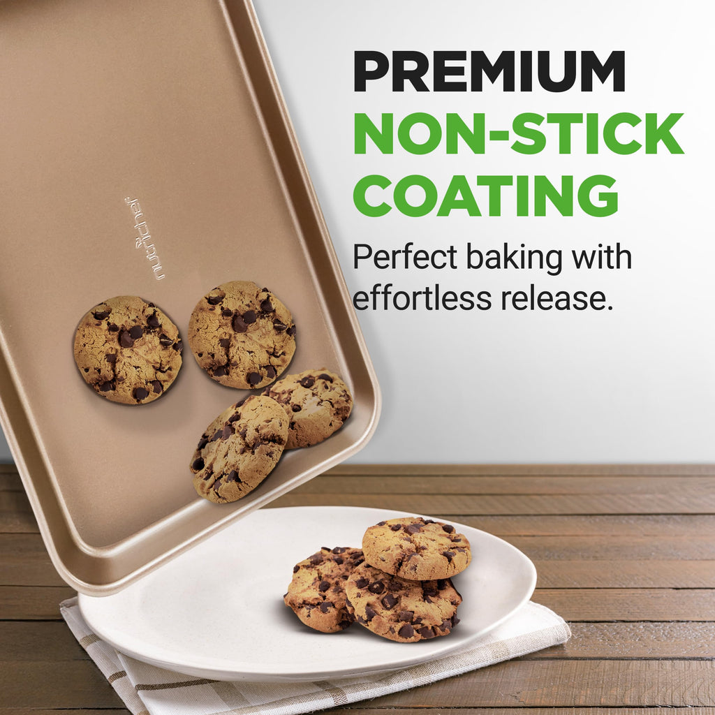 NutriChef Cookie Sheets - 2pc Nonstick Carbon Steel Baking Pan Set, PFOA, PFOS, PTFE Free Coating, Quarter and Jelly Roll Oven Trays, Great for Cookies, Roasting and More