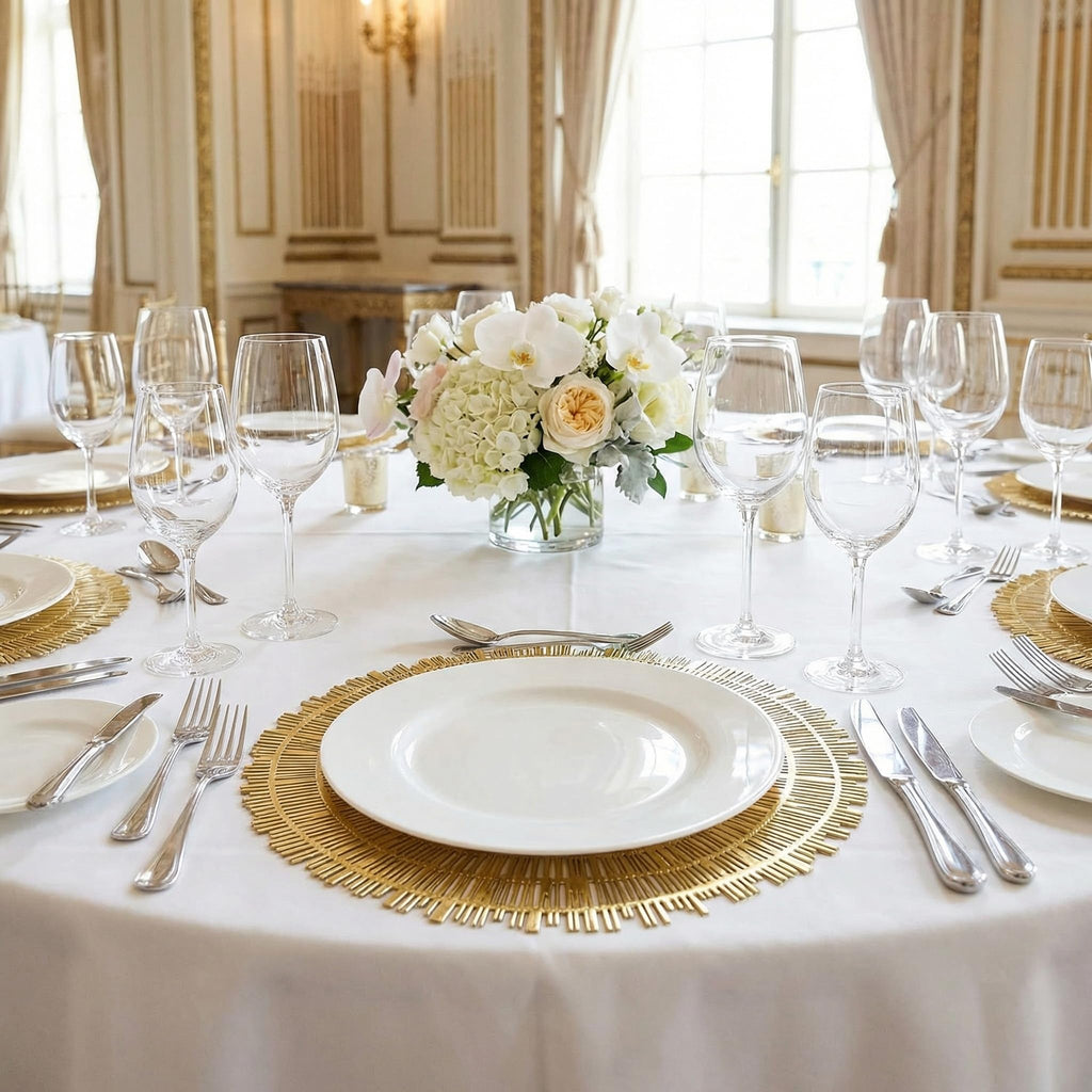 Pumtus 12 Pack 15 Inch Gold Round Placemats, Pressed Vinyl Metallic Place Mat, Non-Slip Hollow Out Dinning Table Mats for Table Decor, Wedding Accent Centerpiece, Christmas, Kitchen Decoration