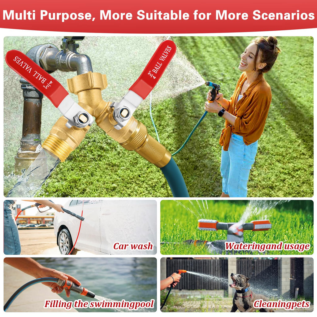 Garden Hose Splitter 2 Way, Heavy Duty Brass Water Hose Splitter with Stainless Steel Long Handle, 3/4" GHT Thread Garden Hose Y Splitter 2 Way, Full Flow Hose Splitter Connector