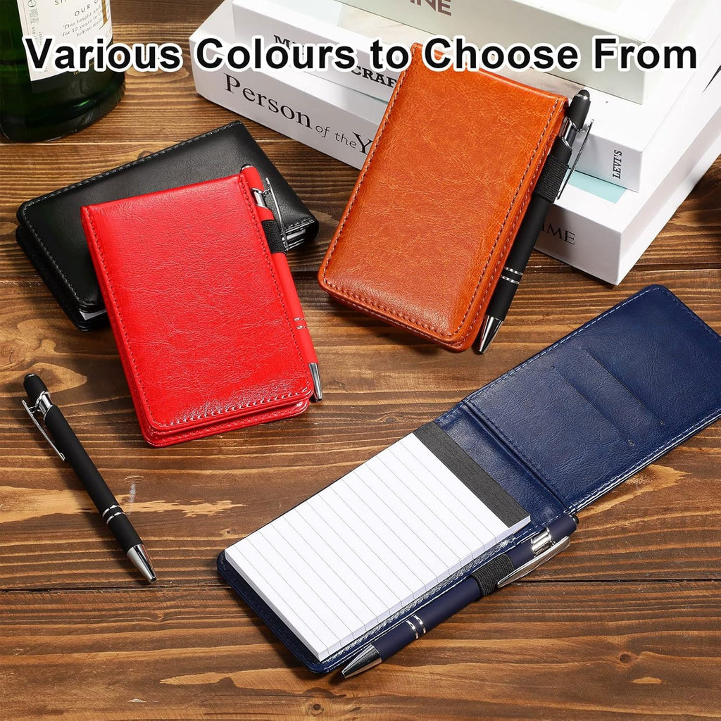8pcs Mini Brown Black Pocket Notepad Holder Set, Small Notebook Holder with Lined Sheets, Metal Pen and 3 x 5 Inch Memo Book Refills, Lined Paper Per Note Pad