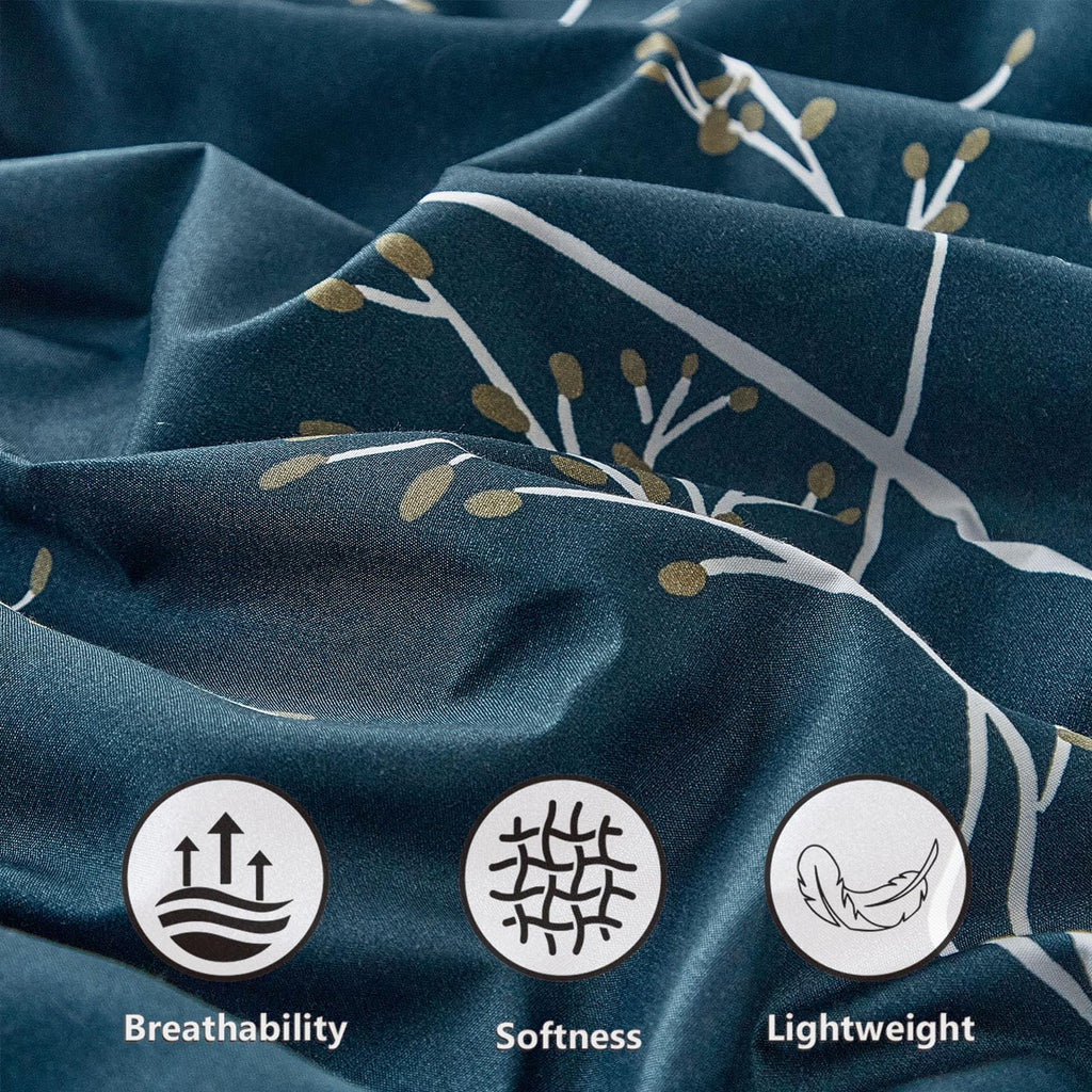 Duvet Cover Queen, Tree Branches Pattern Bed Sets, Ultra Soft Microfiber Bed Set, 3 Piece Breathable Queen Duvet Cover Set with Zipper Closure, Corner Ties, (90x90 Inch, Blue)