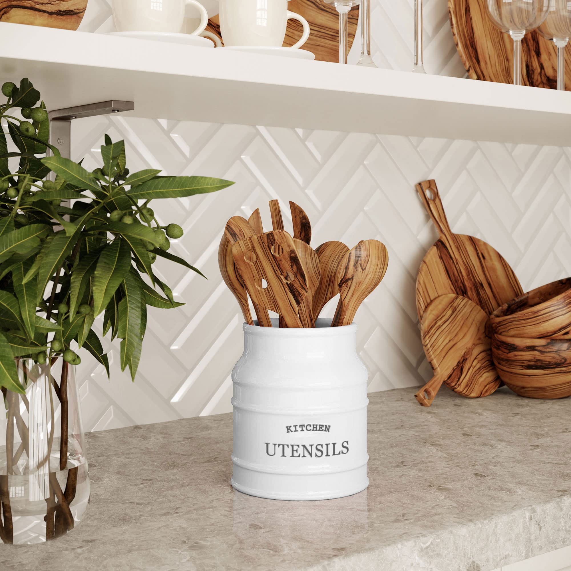 Barnyard Designs Ceramic Utensil Crock Holder for Kitchen Counter, Rustic Farmhouse Countertop Decor, French Country Organizer for Cooking Utensils, Spatulas and Mixing Spoons (White)
