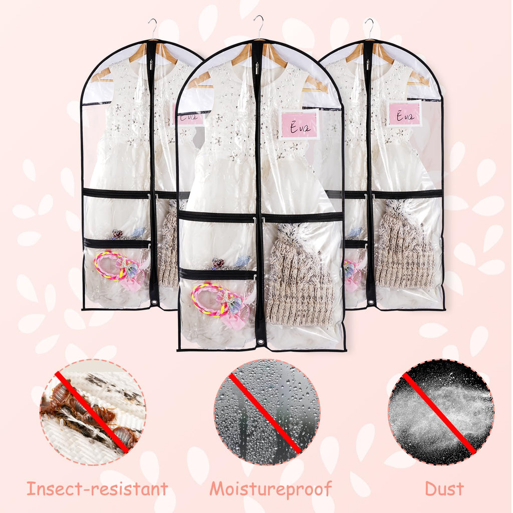 3pcs Clear Dance Garment Bags for Costumes Suits Coats with Zipper 38" Children Hanging Clothes Storage, Foldable Waterproof Dresses Cover Protector with ID Slot for Closet Travel Competitions