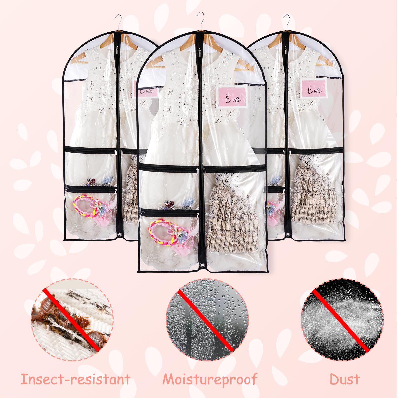 3pcs Clear Dance Garment Bags for Costumes Suits Coats with Zipper 38" Children Hanging Clothes Storage, Foldable Waterproof Dresses Cover Protector with ID Slot for Closet Travel Competitions