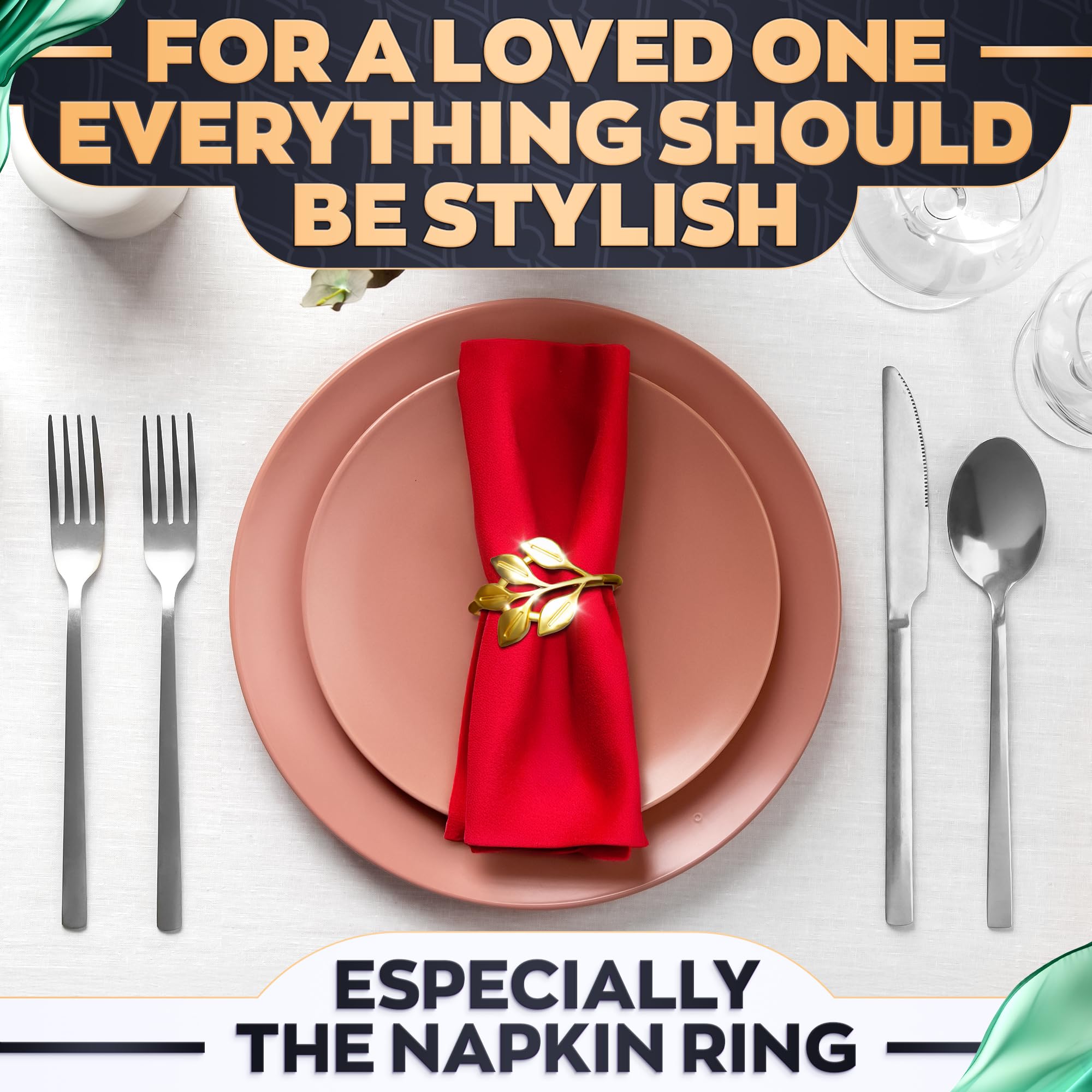 Gold Napkin Rings Set of 20 - Easter Napkin Rings Fits Various Napkin Styles, Reusable Elegant Gold Leaf Design for Dinner Parties, Special Events, Holidays & Easter Table Decor, Great Gifts for Hosts
