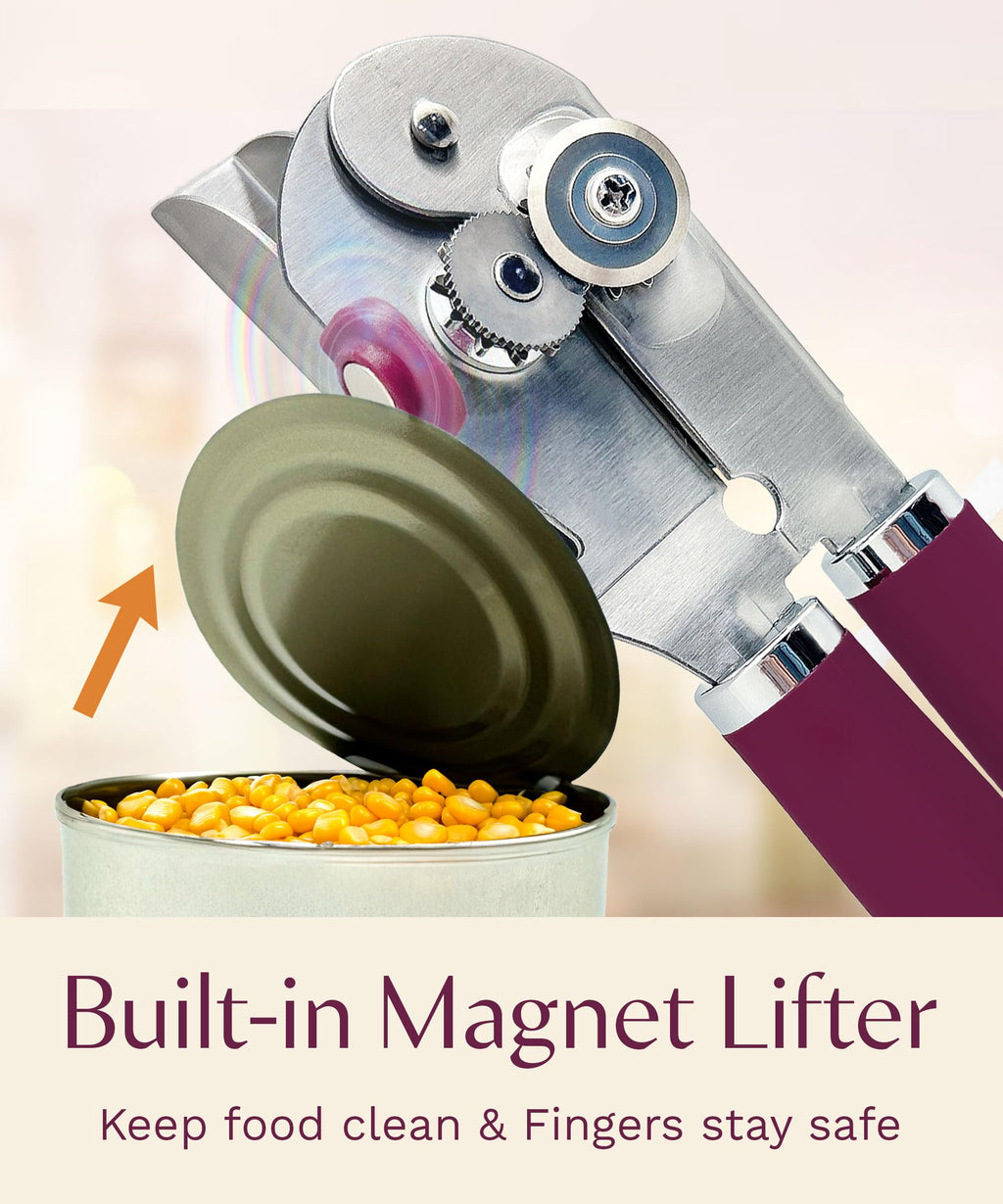 Graceliving Premium Multifunction Magnetic Manual Can Opener and Bottle Opener, Heavy Duty Stainless Steel Sharp Cutting Blade and Oversized Easy Turn Knob, Soft-Touch Handle, Kitchen Use, Mauve
