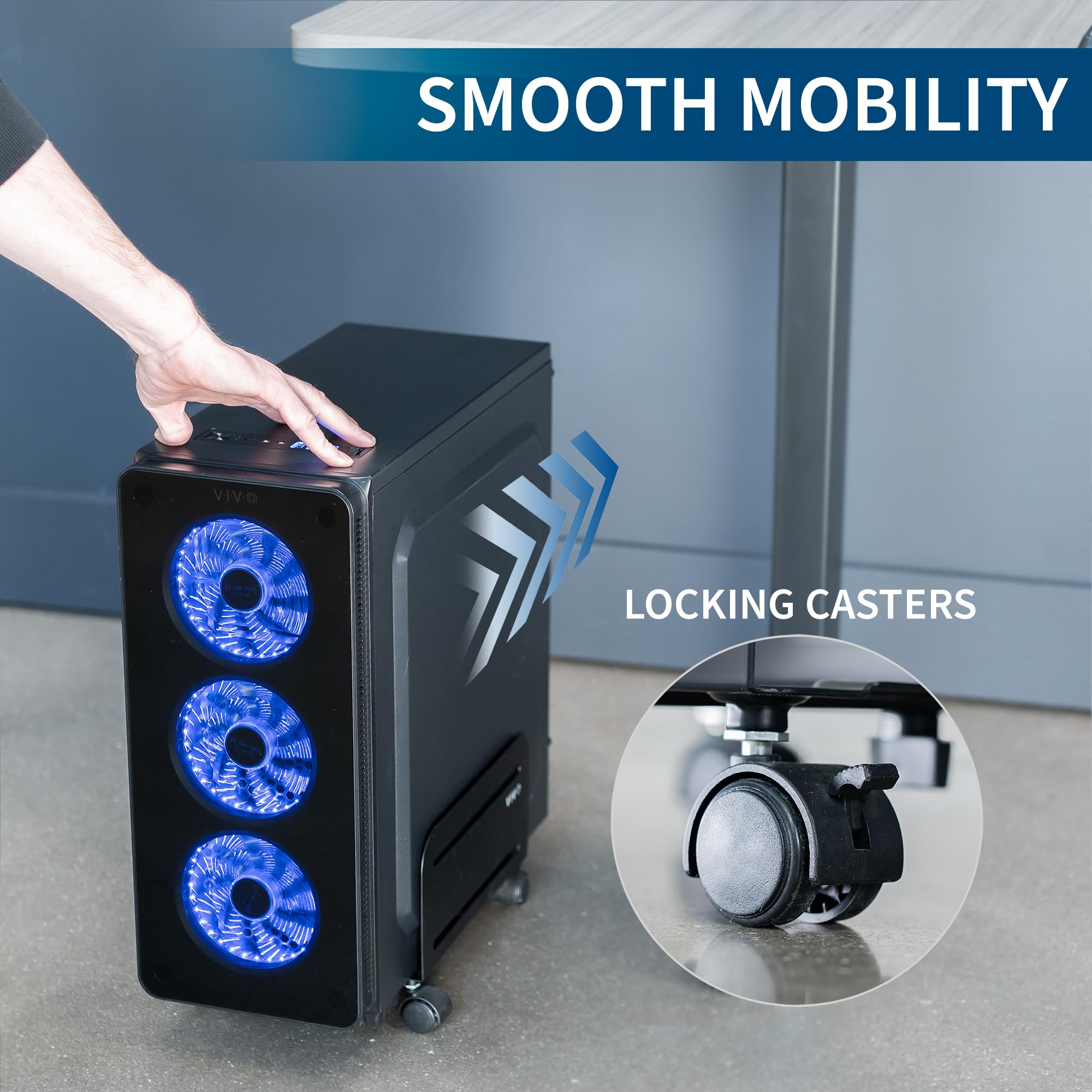 VIVO Black Computer Tower Desktop ATX-Case, CPU Steel Rolling Stand, Adjustable Mobile Cart Holder with Locking Caster Wheels (CART-PC01)
