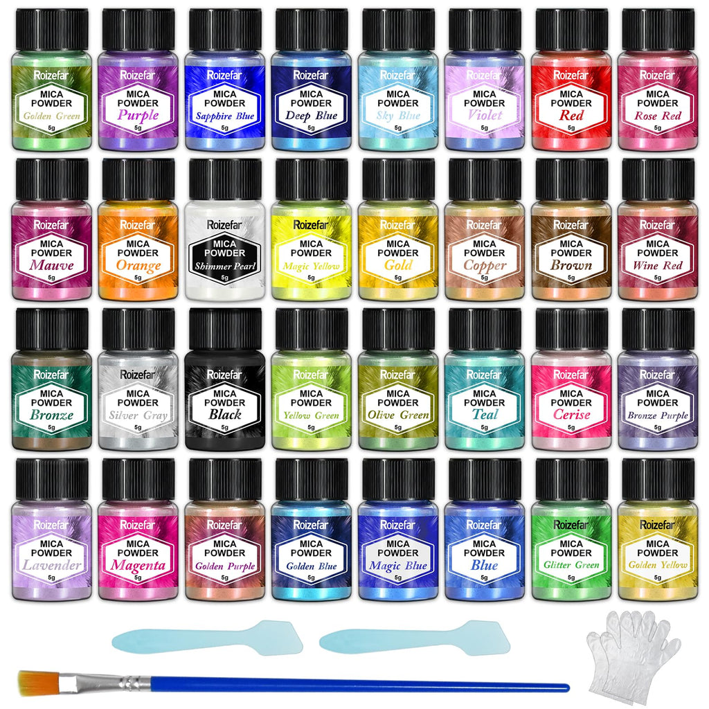 Roizefar Mica Powder - 32 Colors x 5 g Pearlescent Resin Color Pigment - Glitter Mica Powder for Epoxy Resin, Soap Paint, Resin Dye, Candle Making, Bath Bombs, Slime