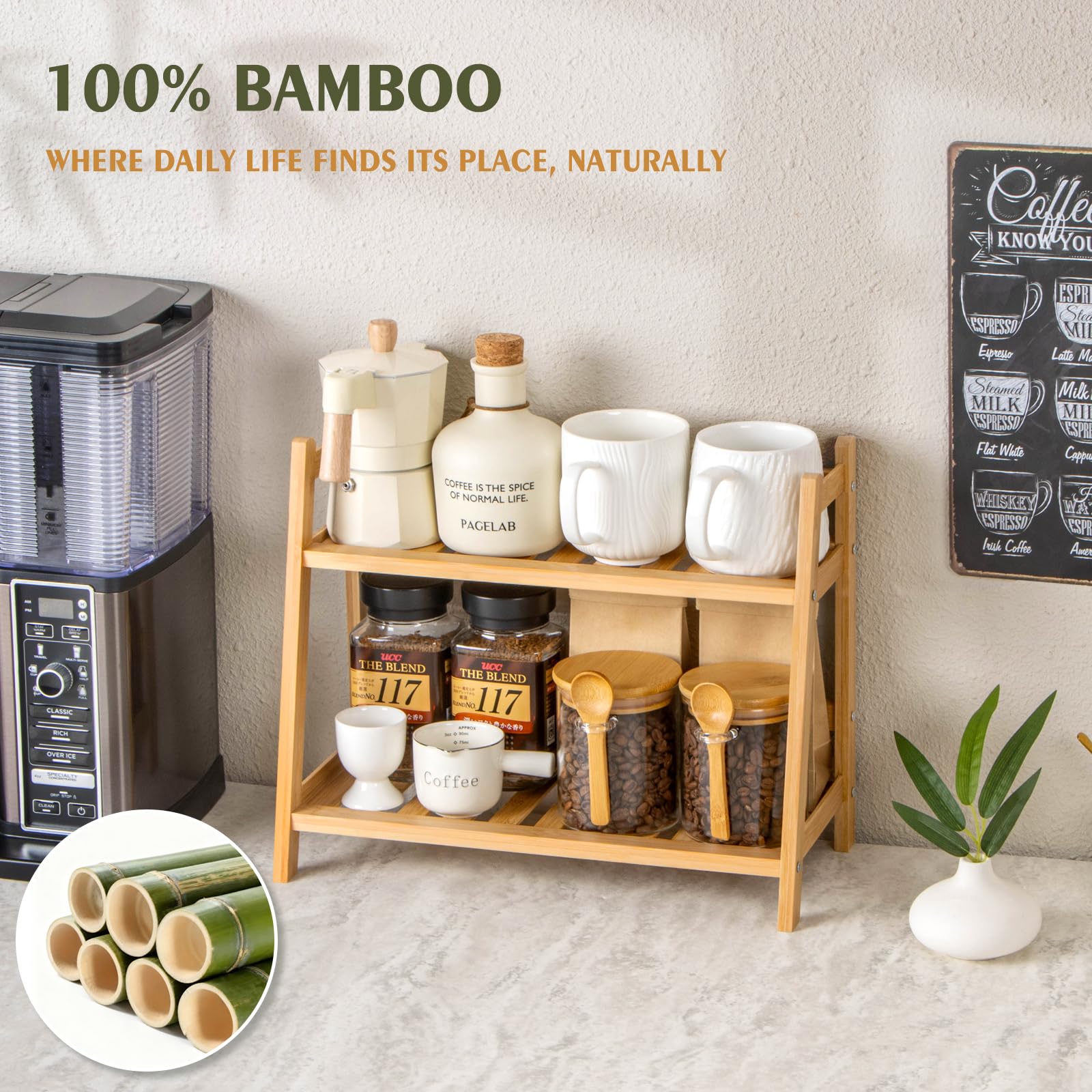 ANBOXIT Bamboo Matcha Station Organizer, Countertop 2 Tier Desktop Shelf for Mugs, Cups, and Condiments - Ideal for Matcha & Coffee Accessories in Kitchen, Home, Office