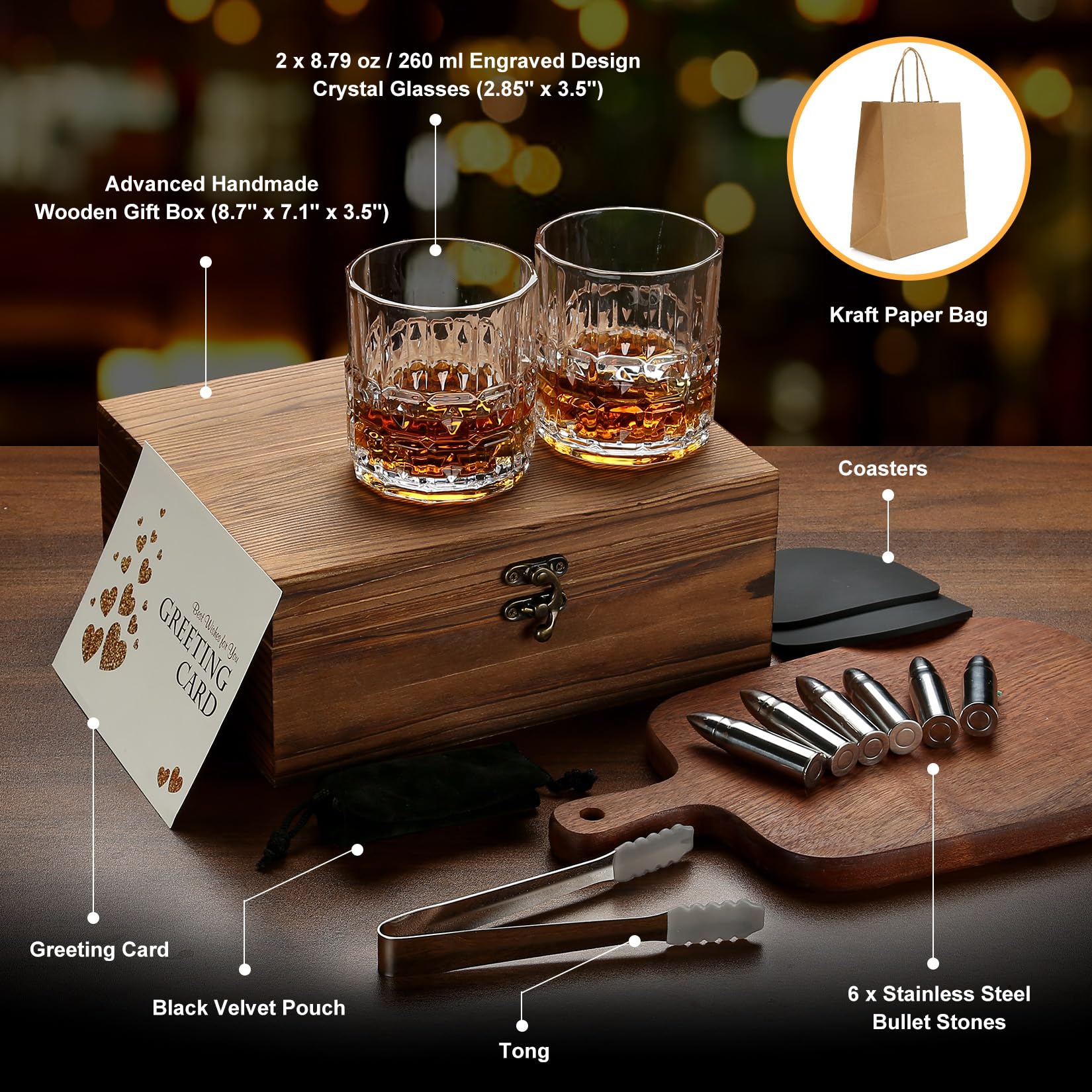 Gifts for Men, Valentine's Day Father's Day Anniversary Birthday Gifts Ideas for Dad Him Husband Boyfriend, Stainless Steel Whiskey Stones and Whiskey Glasses Set, Cool Whiskey Bourbon Gifts for Men