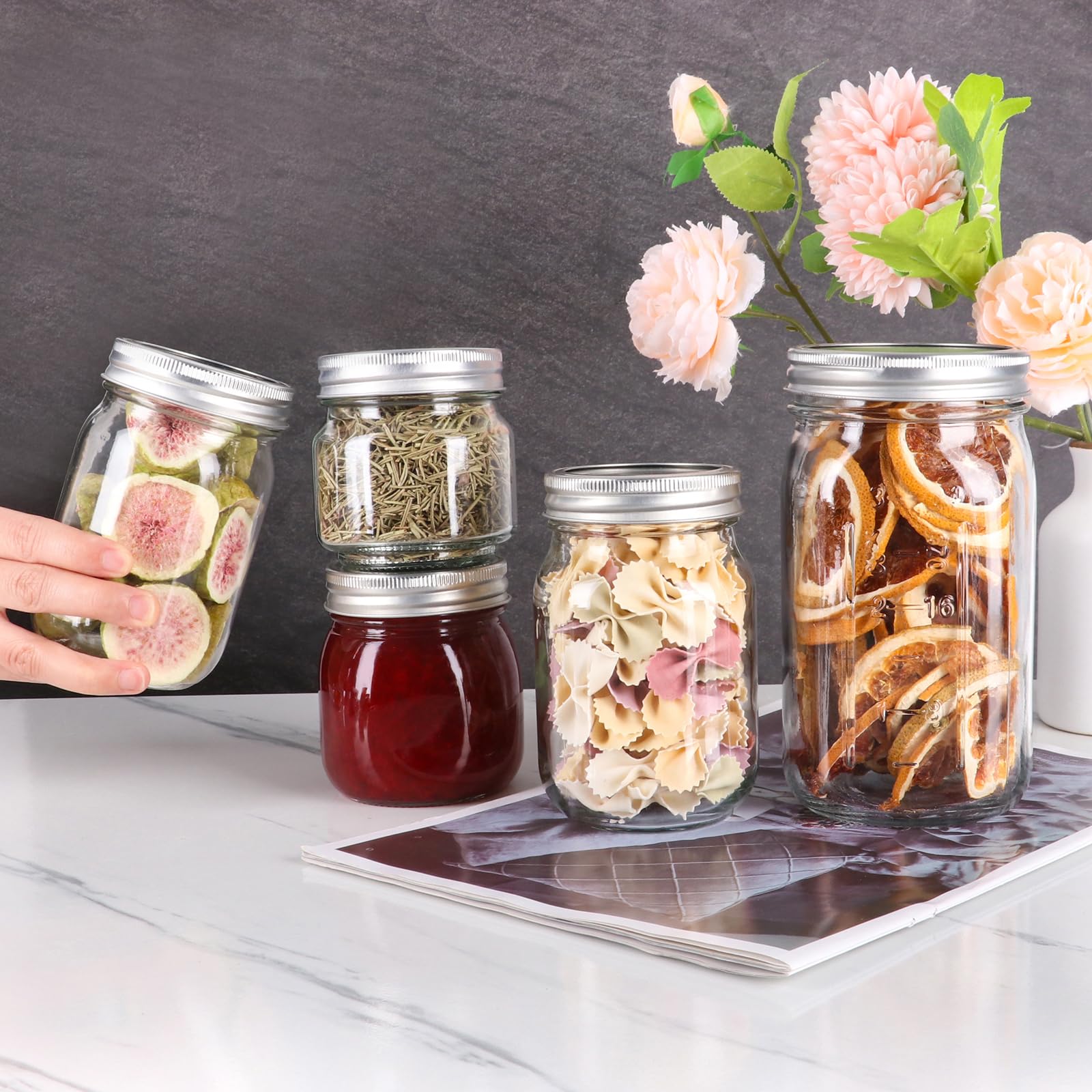Jinaneil 6 Pack 12 oz Regular Mouth Mason Jars with Silver Lids and Bands, Bonus 6 One-Piece Lids -Glass Canning Jars for Pickling, Canning, Meal Prep