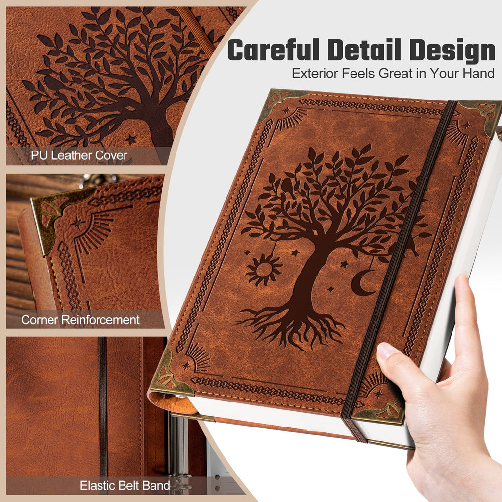 Ovesmusl PU Leather A5 Binder 6 Ring Refillable Journal 100 GSM 240 Pages Refill Paper Include A5 Planner Binder Loose Leaf Binder Notebook 5.7”x8.3”, Brown Tree