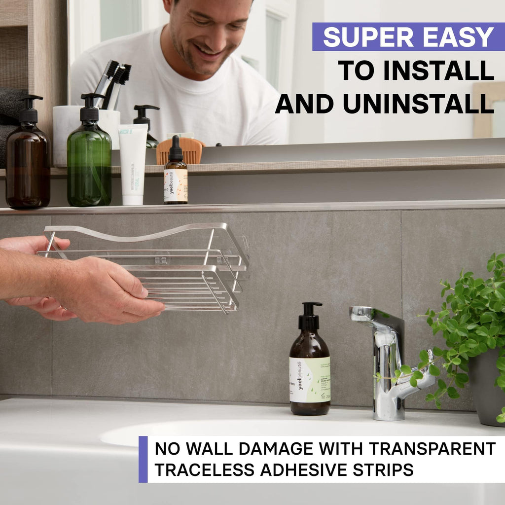 KINCMAX Premium Shower Caddy, Self Adhesive Wall Shower Organizer, 2-Pack No Drill Bathroom Shower Shelves for Inside Shower, Rustproof Stainless Steel Shampoo Holder, Shower Storage Rack, Silver