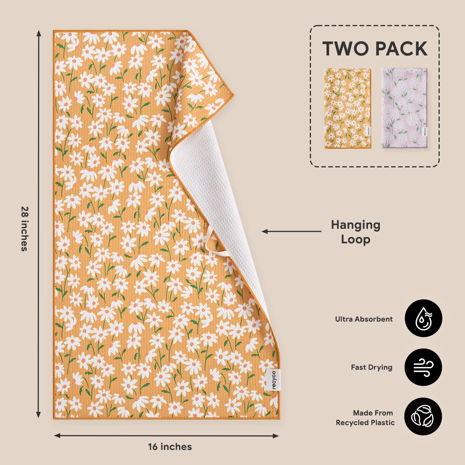 RECYCO Waffle Kitchen Towel Set of 2 - Quick Dry Microfiber Sustainable Dish Towels - Ultra Absorbent Reusable Cleaning Tea Towels - Lightweight Hand Towels,16”x 28”, Matisse Floral