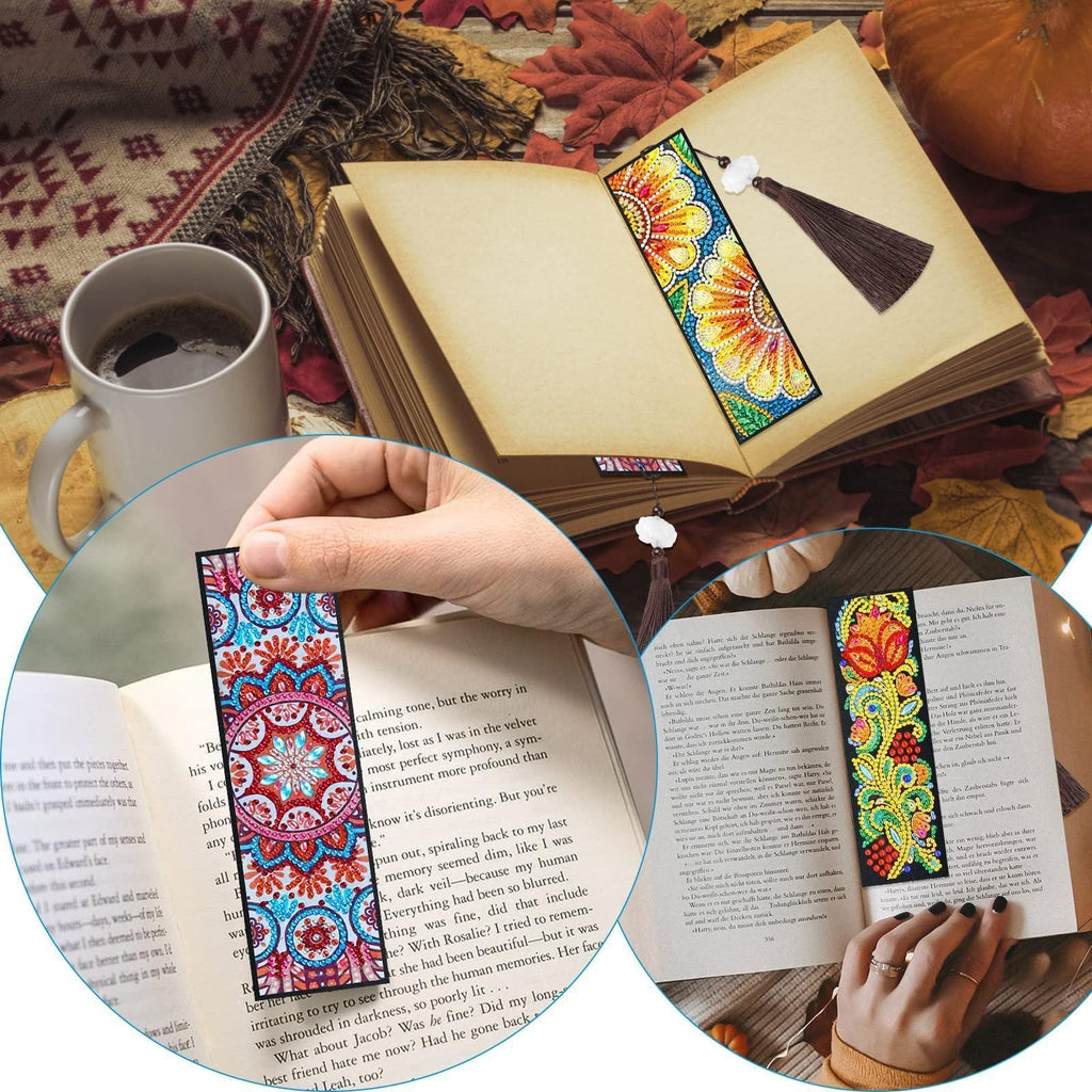 EEEKit 6 PCS DIY Diamonds Painting Bookmarks, Book Mark Diamond Art Kits for Adult Crafts, Floral Tassel Leather Diamond Drawing Page Bookmark for Book Lovers