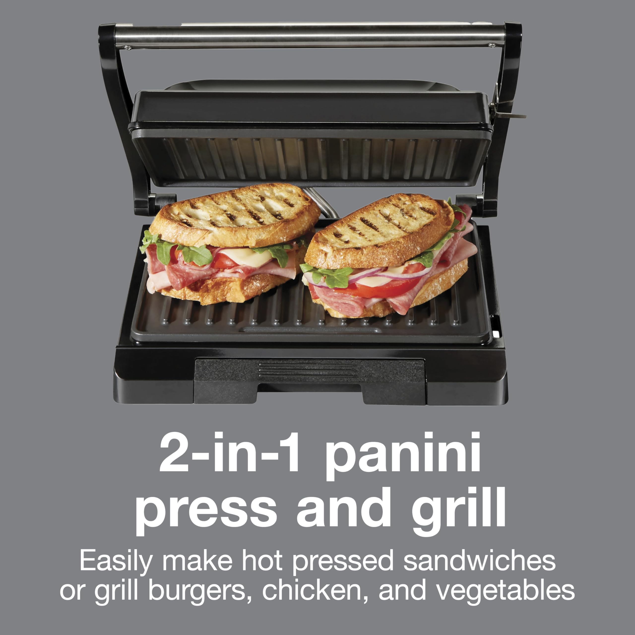 Proctor Silex 4 Serving Panini Press, Sandwich Maker and Compact Indoor Grill, Upright Storage, Easy Clean Nonstick Grids, Black (25440PS)