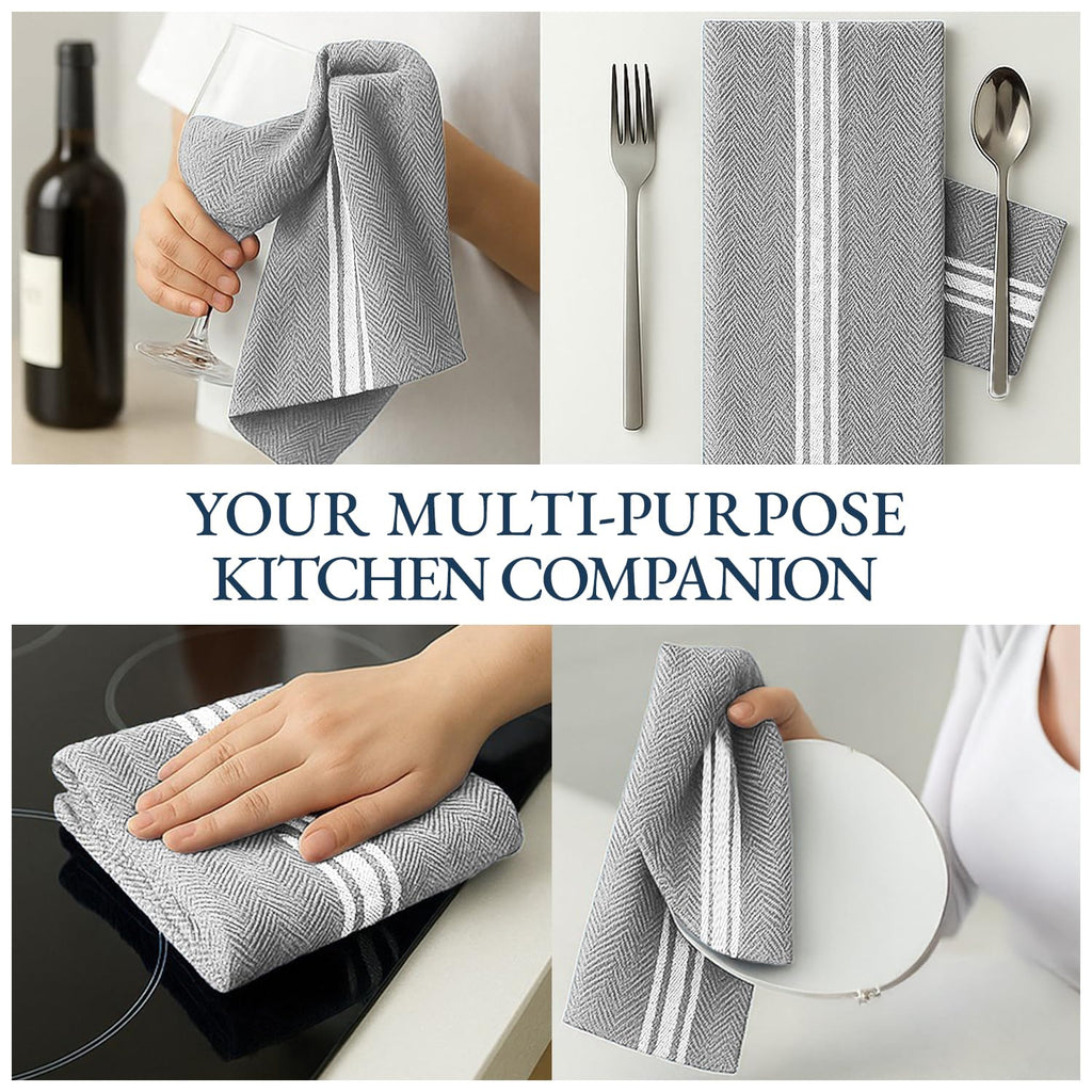 Kitchen Towel Set - 100% Cotton Towels, Reusable Dish Cloths, Grey Dish Towels for Kitchen, Soft Absorbent Tea Towels, Durable Hand Towels, 14” x 25” - 6 Pack