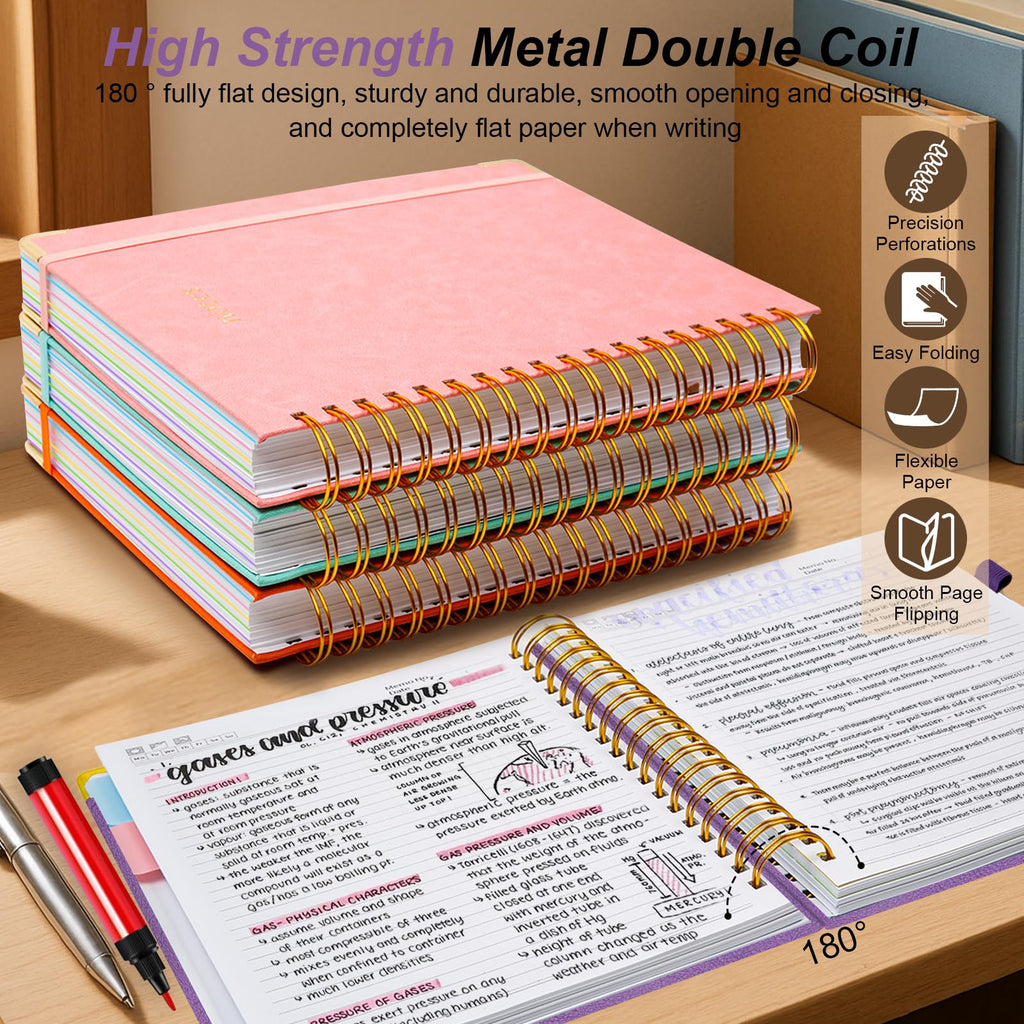 Hardcover Spiral Notebook 8"x10" Journal Notebook with Tabs and Removable Dividers 300 Pages 5 Subject Notebook College Ruled, Faux Leather Spiral Bound Notebook for Women School Work (Purple)