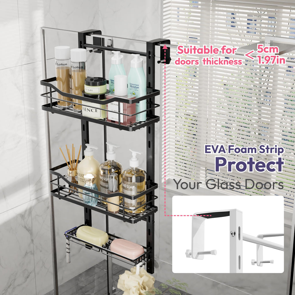 SWTYMIKI Shower Caddy Hanging Adjustable - 3 Tier No Drill Over the Door Hanging Shower Organizer Shelf with Hooks and Soap Holder, Bathroom Organizer Rust Resistant for Shampoo Razor, Black