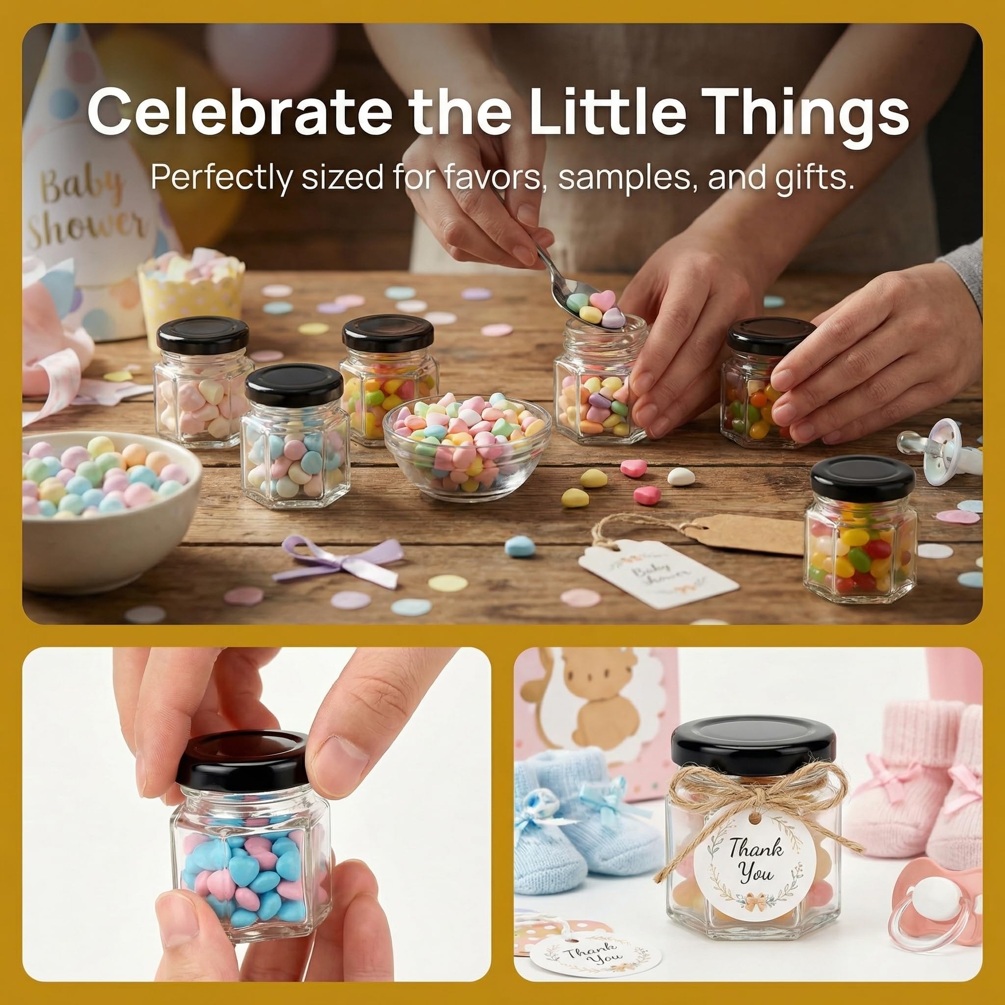 Tebery 30 Pack Mini Hexagon Glass Jars with Black Lids and Labels - 1.5oz Honey & Spice Jars for Gifts, Weddings, DIY