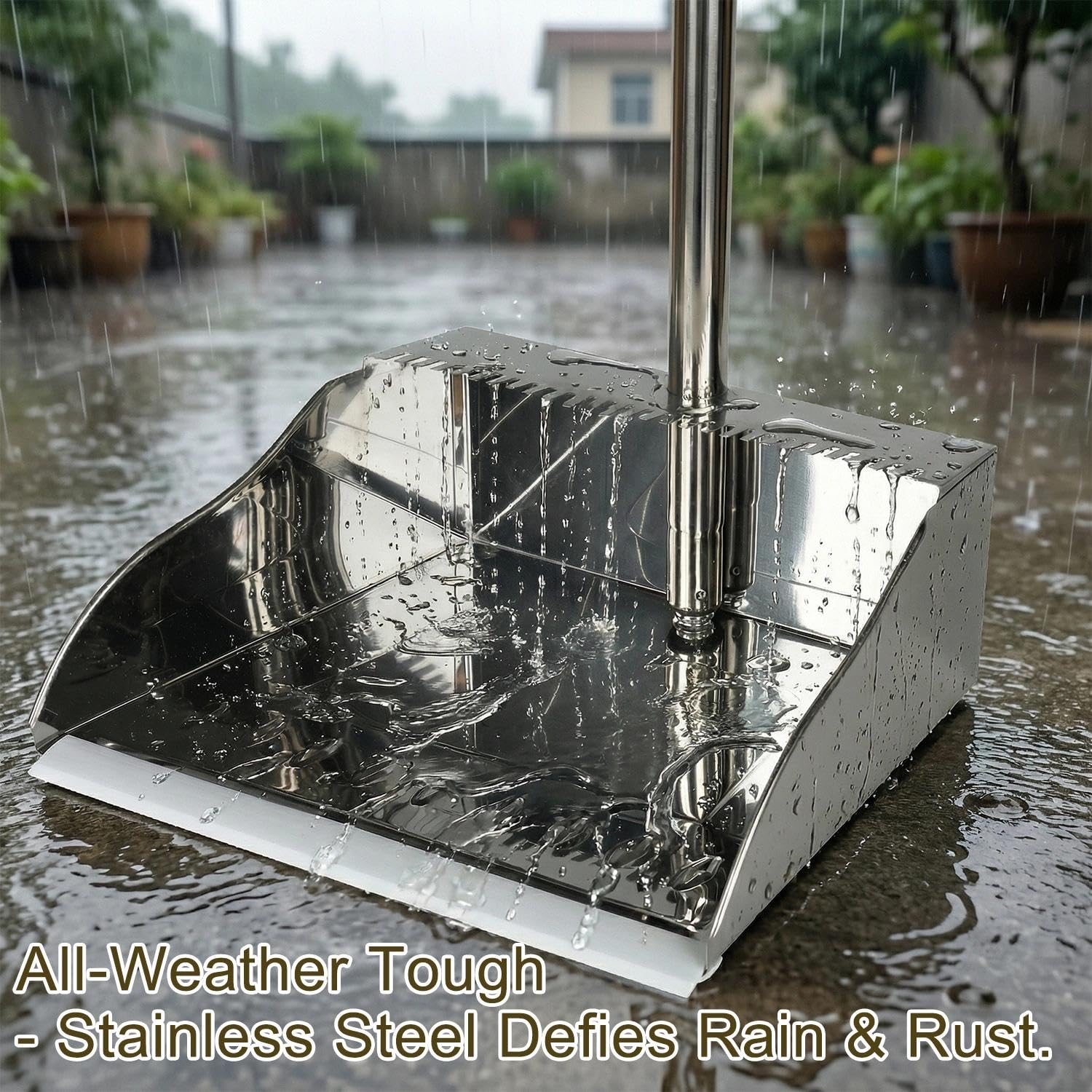 Metal Dustpan Long Handle Stainless Steel Dustpan,Heavy Duty Dust Pan with Teeth,Indoor Outdoor Standing Up Dust Pan for Home Kitchen Lobby Room Office