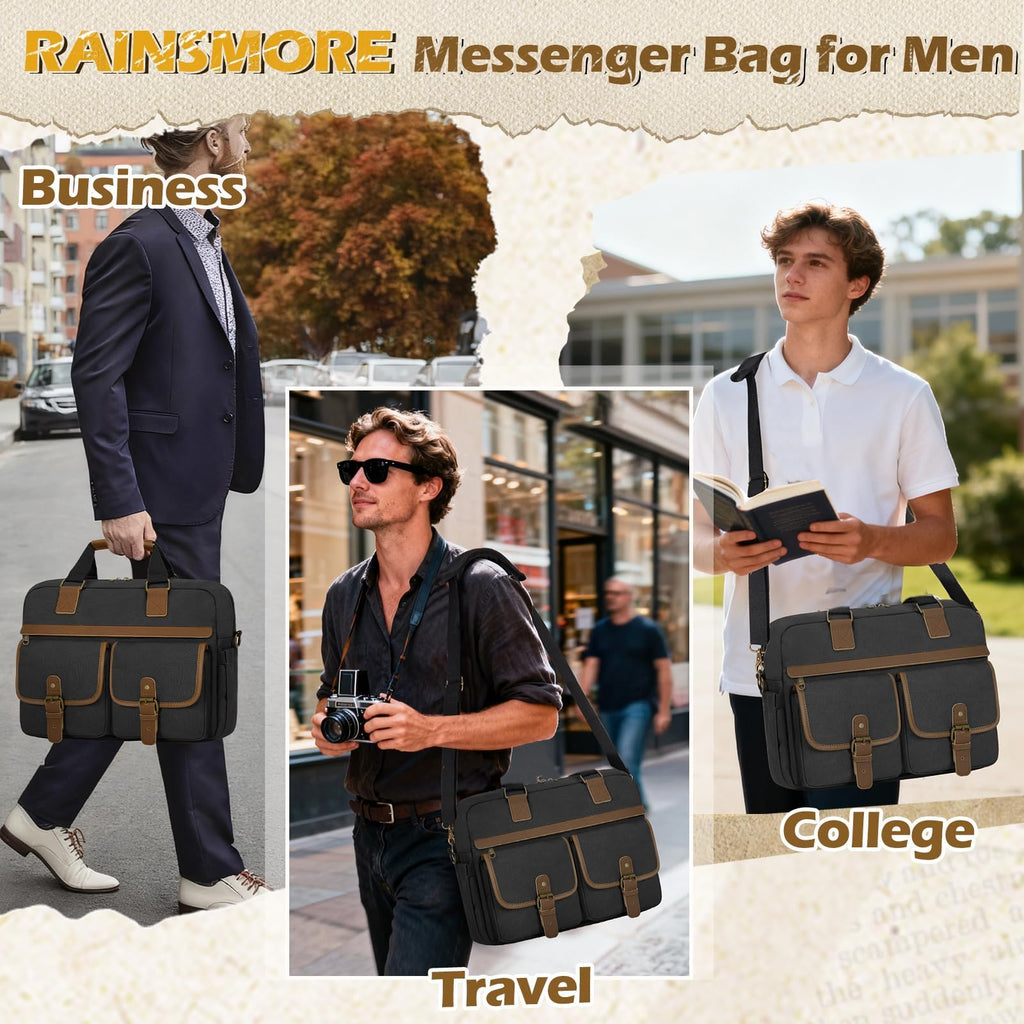 RAINSMORE Messenger Bag for Men 15.6 Inch Laptop Bag Canvas Water-Repellent Computer Bag Casual Office Work Briefcase Fashion Crossbody Shoulder Handbag