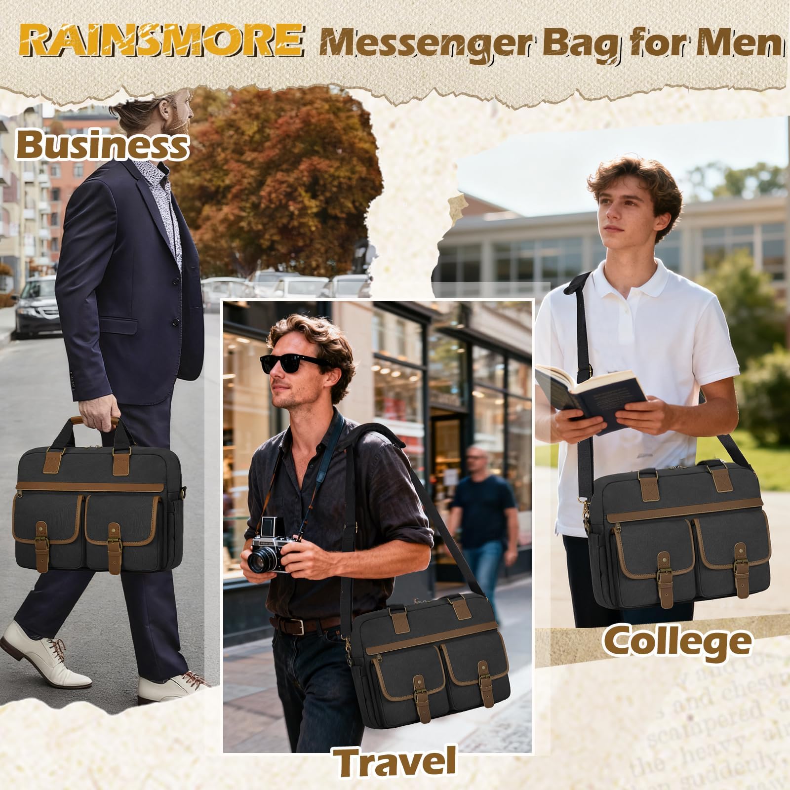 RAINSMORE Messenger Bag for Men 15.6 Inch Laptop Bag Canvas Water-Repellent Computer Bag Casual Office Work Briefcase Fashion Crossbody Shoulder Handbag
