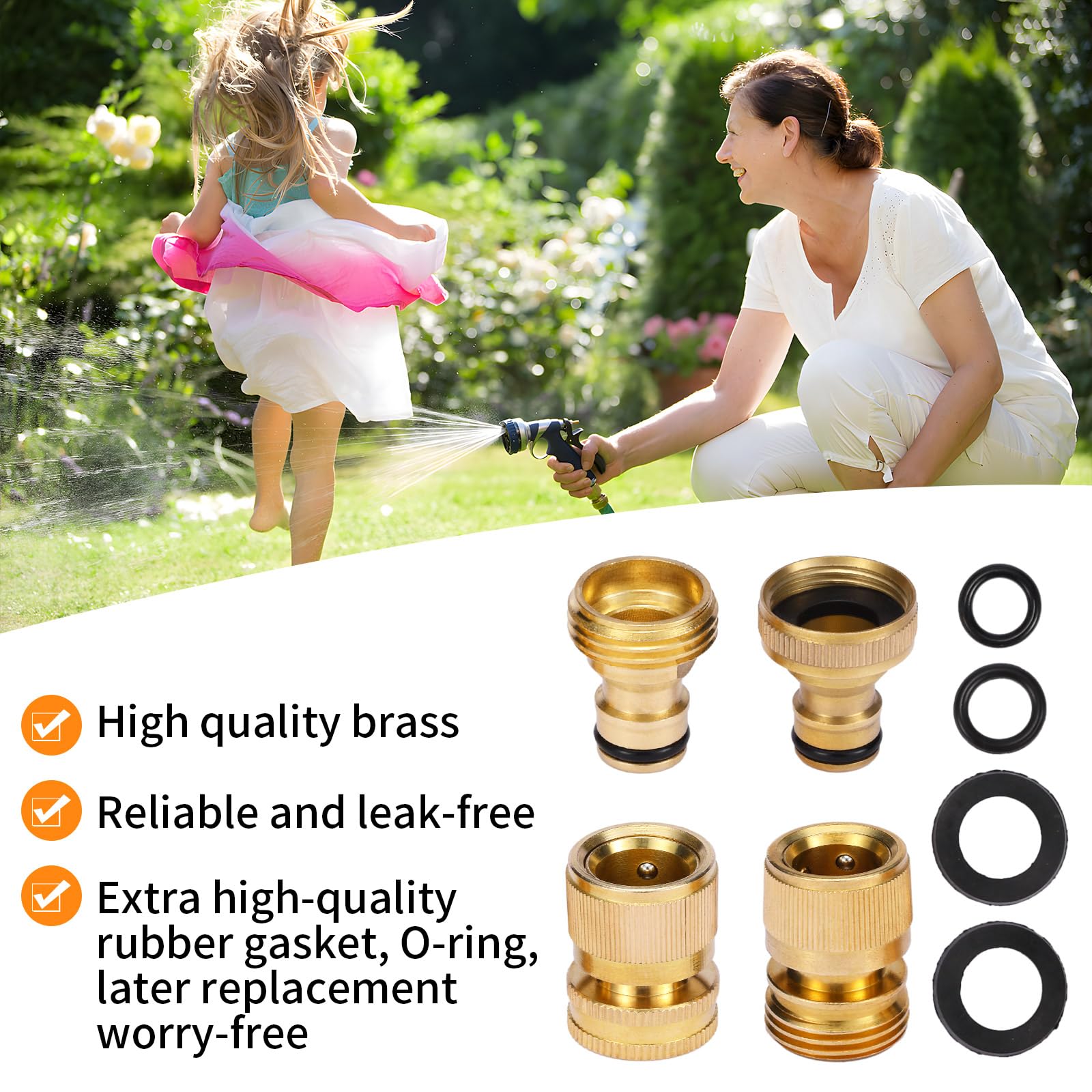 Garden Hose Quick Connect Solid Brass Garden Hose Connector Water Hose Connectors Easy Connect Fittings Standard 3/4 inch GHT, 4 Complete Sets Female & Male, Free Washers & Gaskets