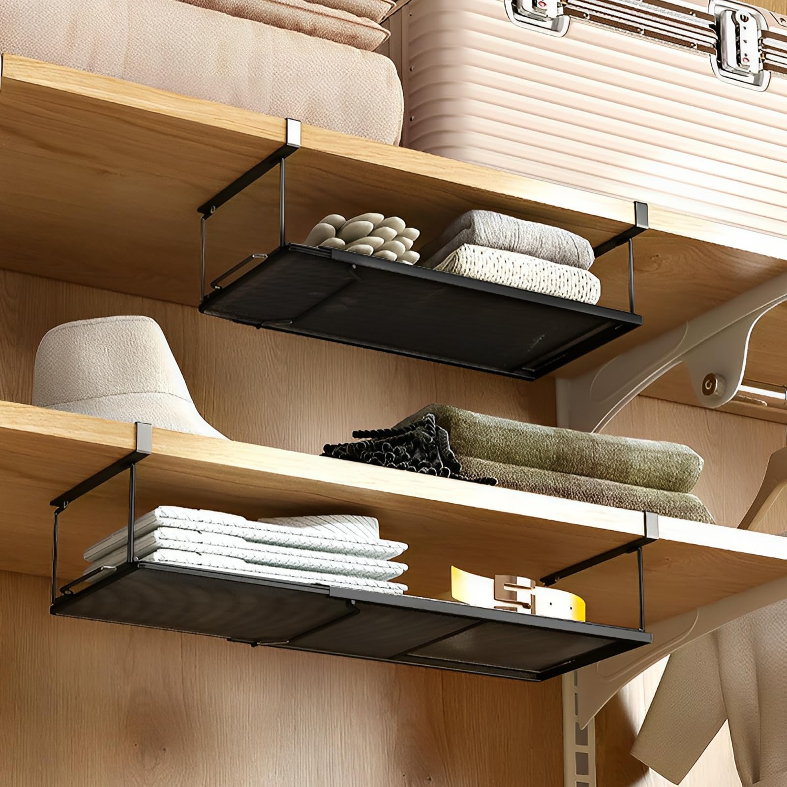 Metal Under Shelf Basket White, Expandable Under Cabinet Organizer, Easy No-Drill Installation, Sturdy Hanging Storage for Kitchen, Cabinet, Desk, Pantry, Shoe Rack, Pack of 1, 4-Inch Height, White
