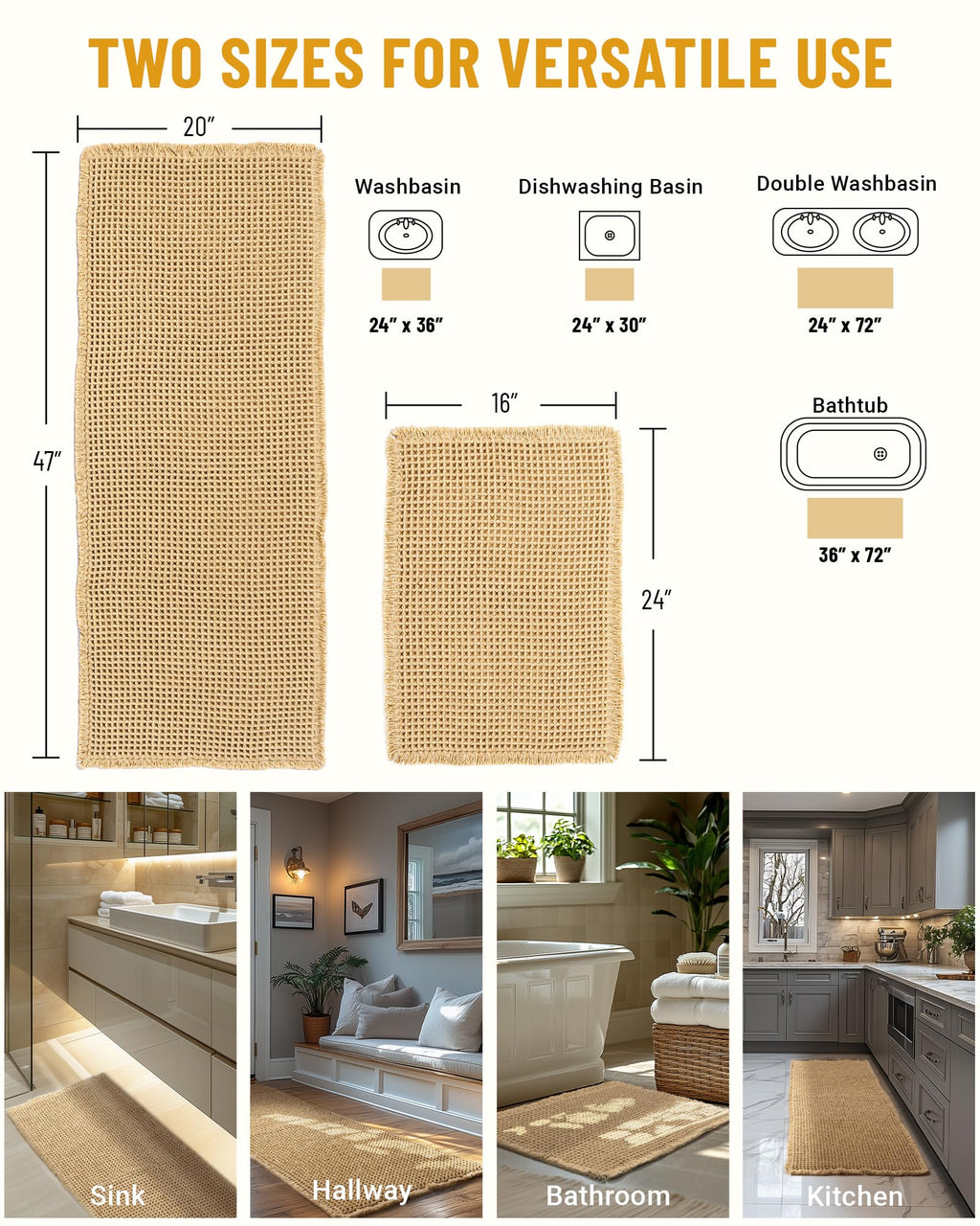 Large Waffle Bath Mat Set of 2, Non Slip Bathroom Mat Set, Ultra Absorbent Bath Mats for Bathroom Decor, Extra Soft Boho Bathroom Rugs Set, 2 Washable Bathroom Floor Mats, 20"×47" and 16"×24", Brown
