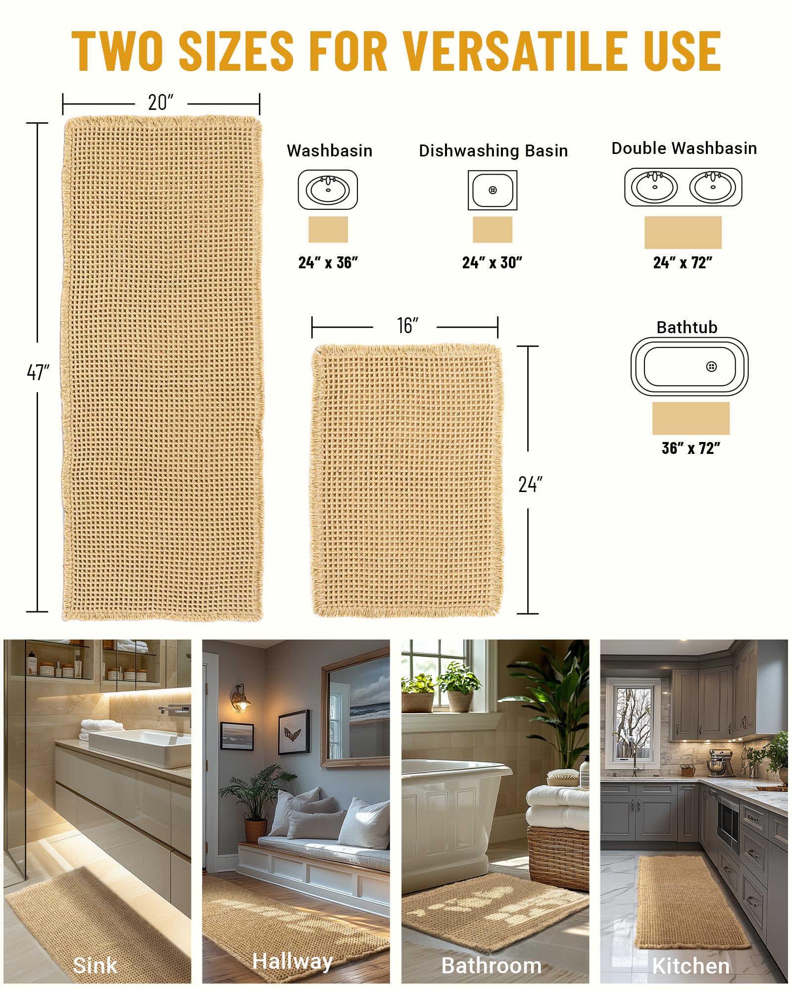Large Waffle Bath Mat Set of 2, Non Slip Bathroom Mat Set, Ultra Absorbent Bath Mats for Bathroom Decor, Extra Soft Boho Bathroom Rugs Set, 2 Washable Bathroom Floor Mats, 20"×47" and 16"×24", Brown