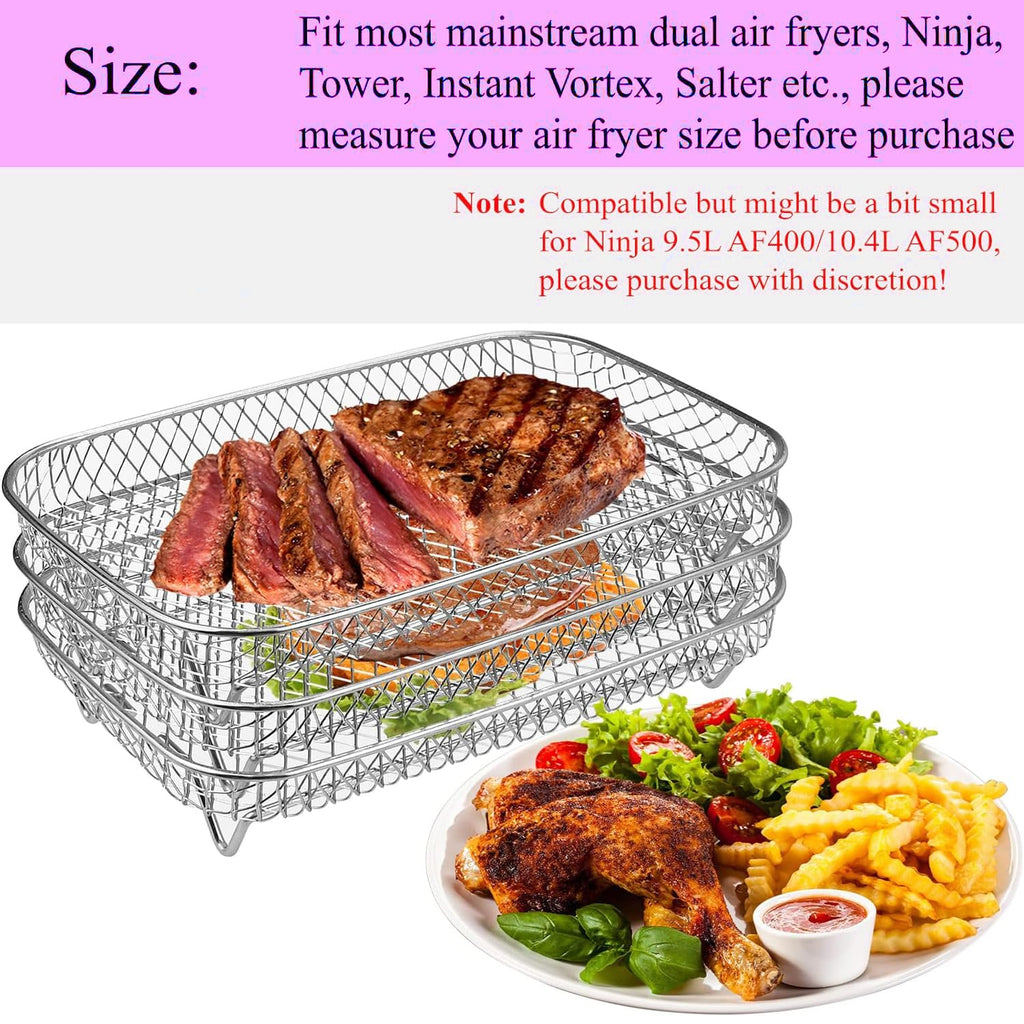 Abizarch Air Fryer Accessories Rack for Ninja Basket, 3 Layers, 304 Stainless Steel Stacking Bacon Racks for Ninja AF300UK, Salter/Instant/EMtronics Double Drawer, with Clip and 8 Silicone Feet
