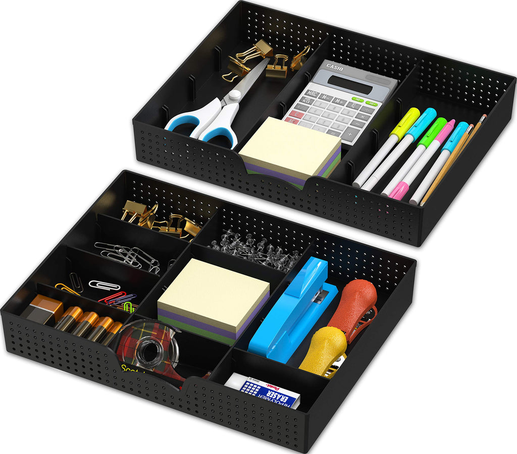 Simple Houseware Drawer Organizer Tray with 9 Adjustable Compartments, 2 Packs, Black