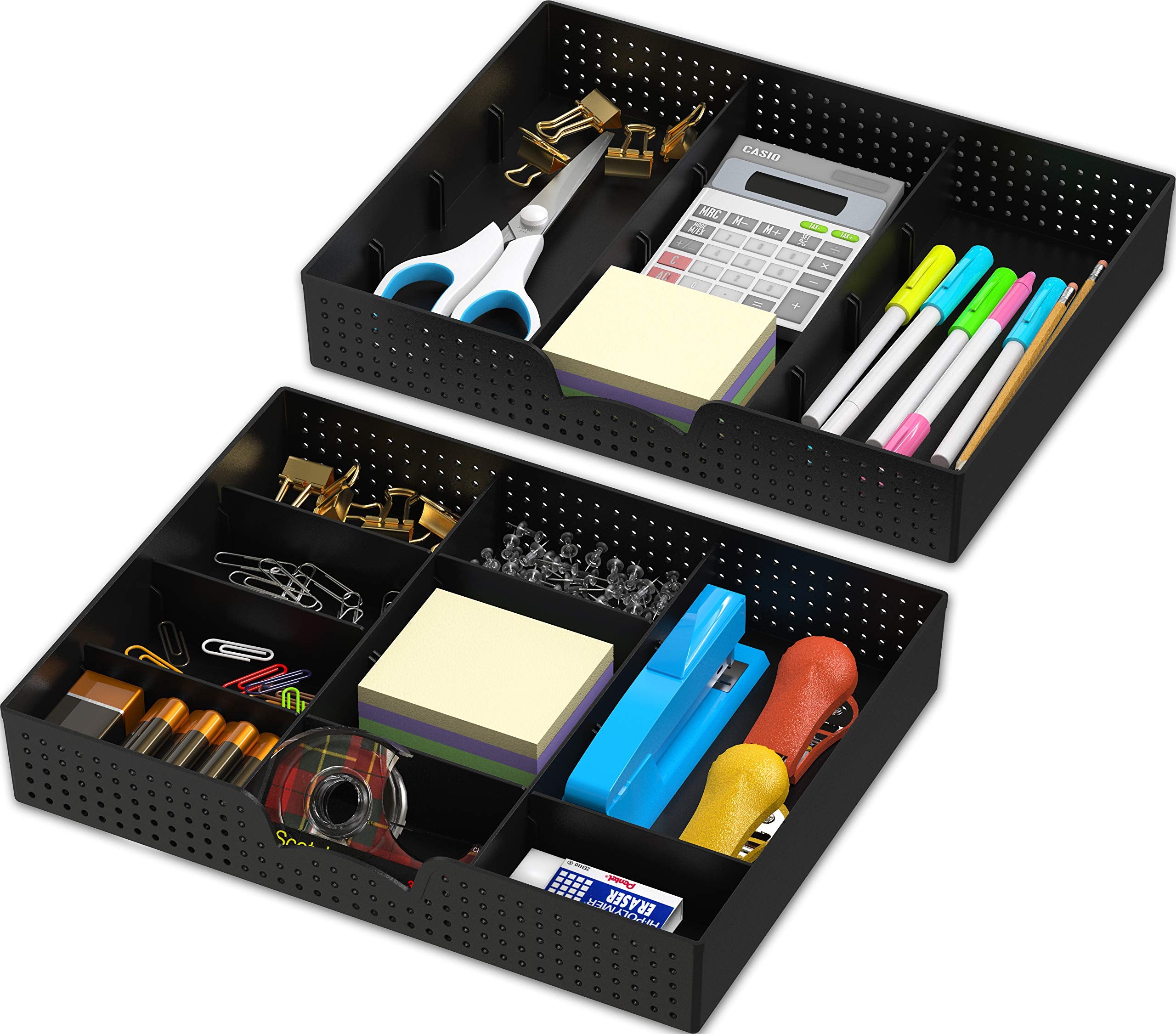 Simple Houseware Drawer Organizer Tray with 9 Adjustable Compartments, 2 Packs, Black