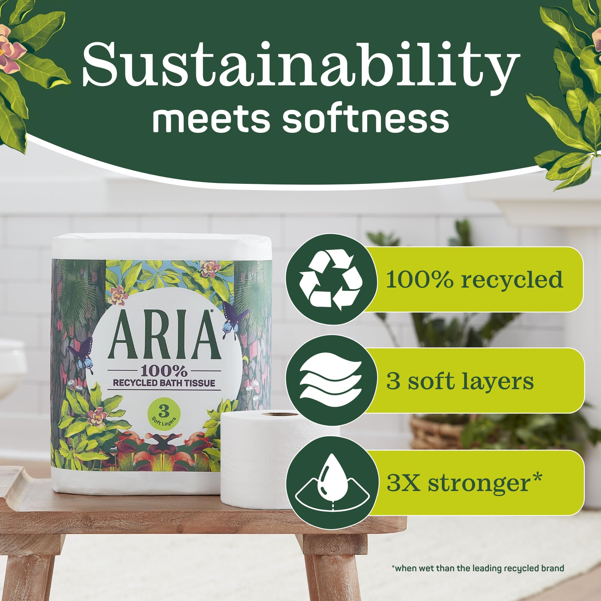 Aria 100% Recycled Toilet Paper, 1 Pack of 6 Rolls, 3 Soft Layers of Bath Tissue with Recyclable Paper Packaging