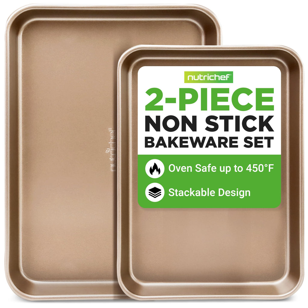 NutriChef Cookie Sheets - 2pc Nonstick Carbon Steel Baking Pan Set, PFOA, PFOS, PTFE Free Coating, Quarter and Jelly Roll Oven Trays, Great for Cookies, Roasting and More