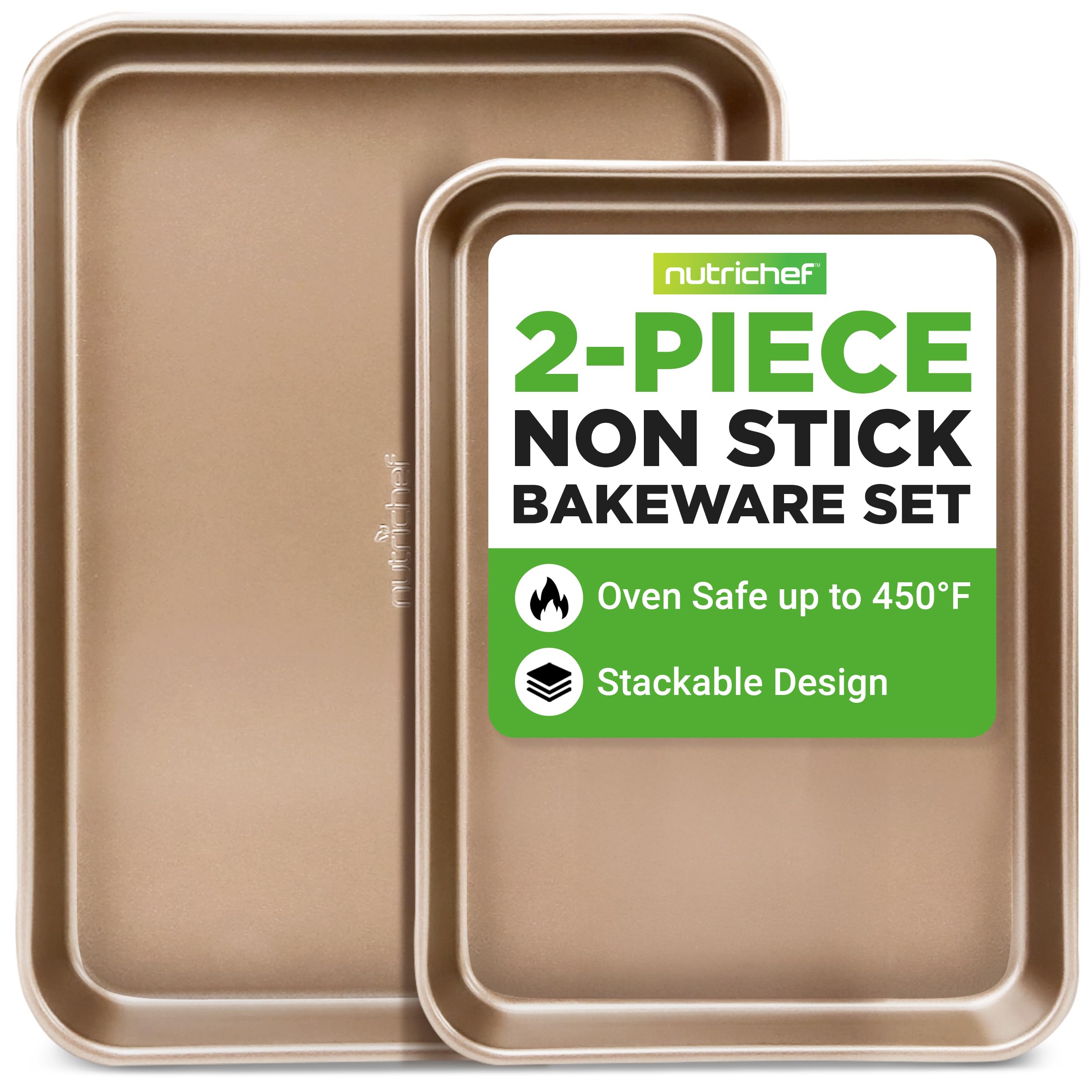 NutriChef Cookie Sheets - 2pc Nonstick Carbon Steel Baking Pan Set, PFOA, PFOS, PTFE Free Coating, Quarter and Jelly Roll Oven Trays, Great for Cookies, Roasting and More