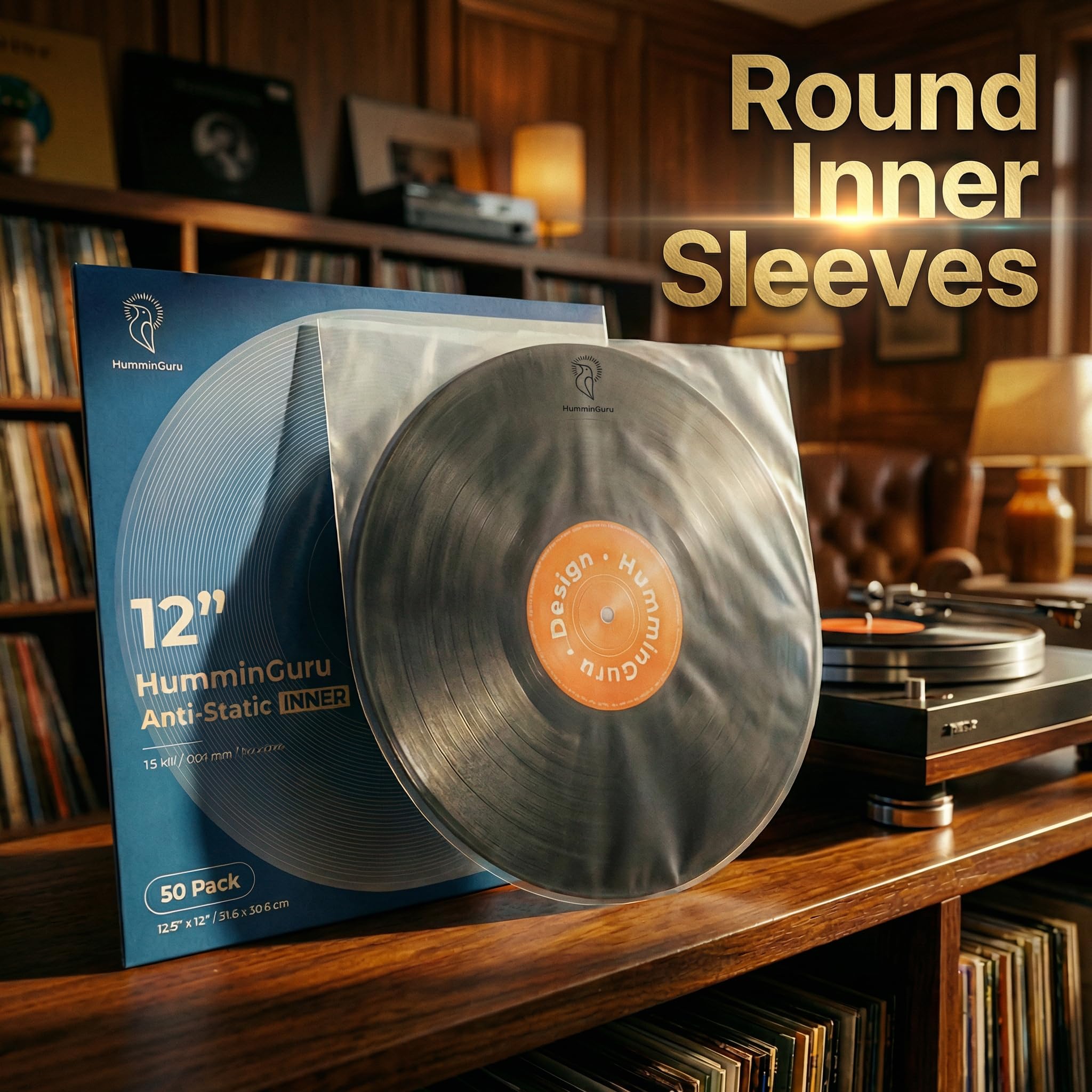 HumminGuru Vinyl Record Inner Sleeve 12 Inch, Acid Free & Anti Static Vinyl Sleeves, 1.5Mil Archival HDPE Inner Record Sleeve, Round Bottom LP Easy Insertion for Album Cover, 50 Pack(12“Inner Sleeves)