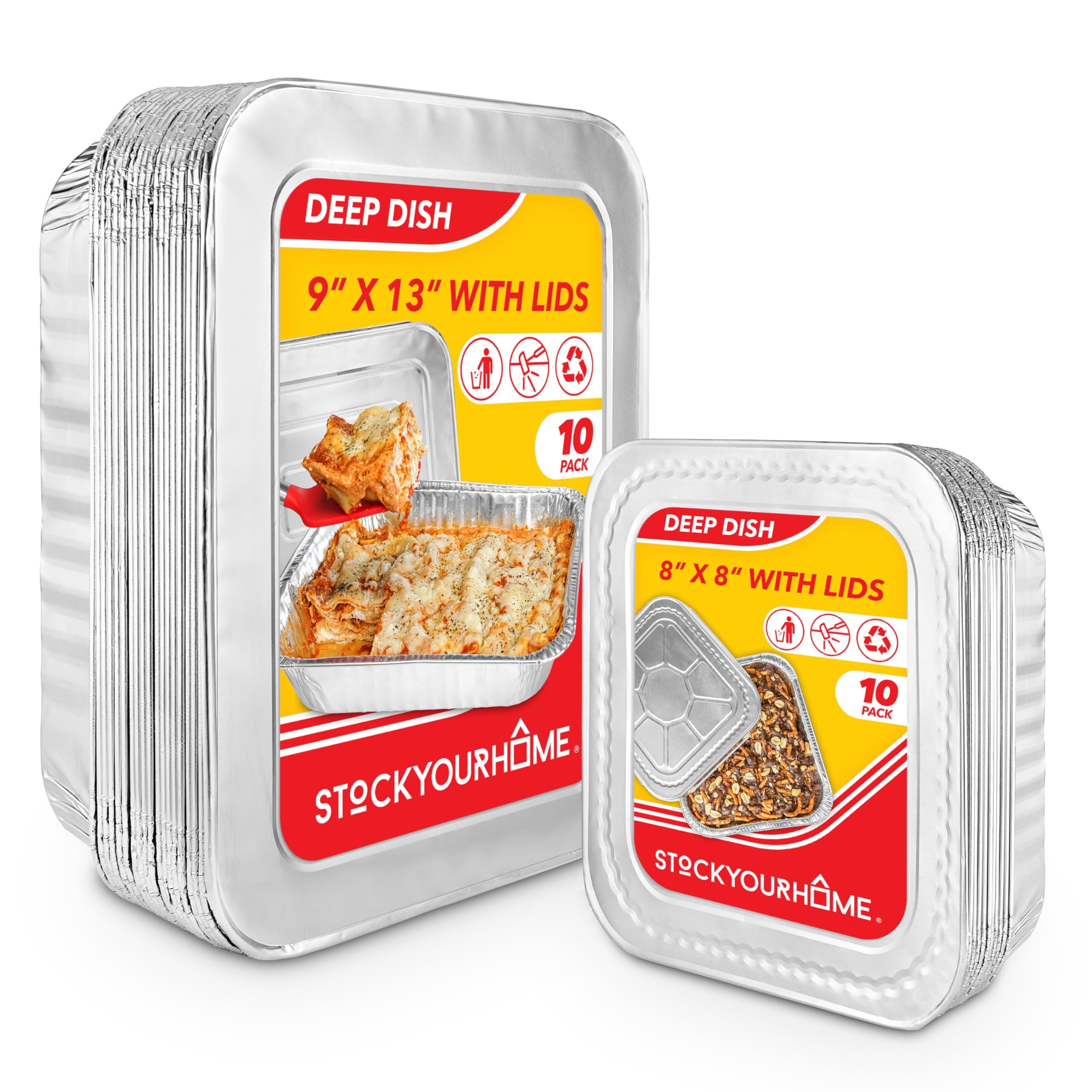 Disposable Foil Pans with Lids (Set of 20) Heavy Duty Aluminum Pans 9x13 (10 Pack), 8x8 (10 Pack) Baking Tins with Covers for Cooking, Heating, Storing, Food Prep, Holiday Dinner Meals