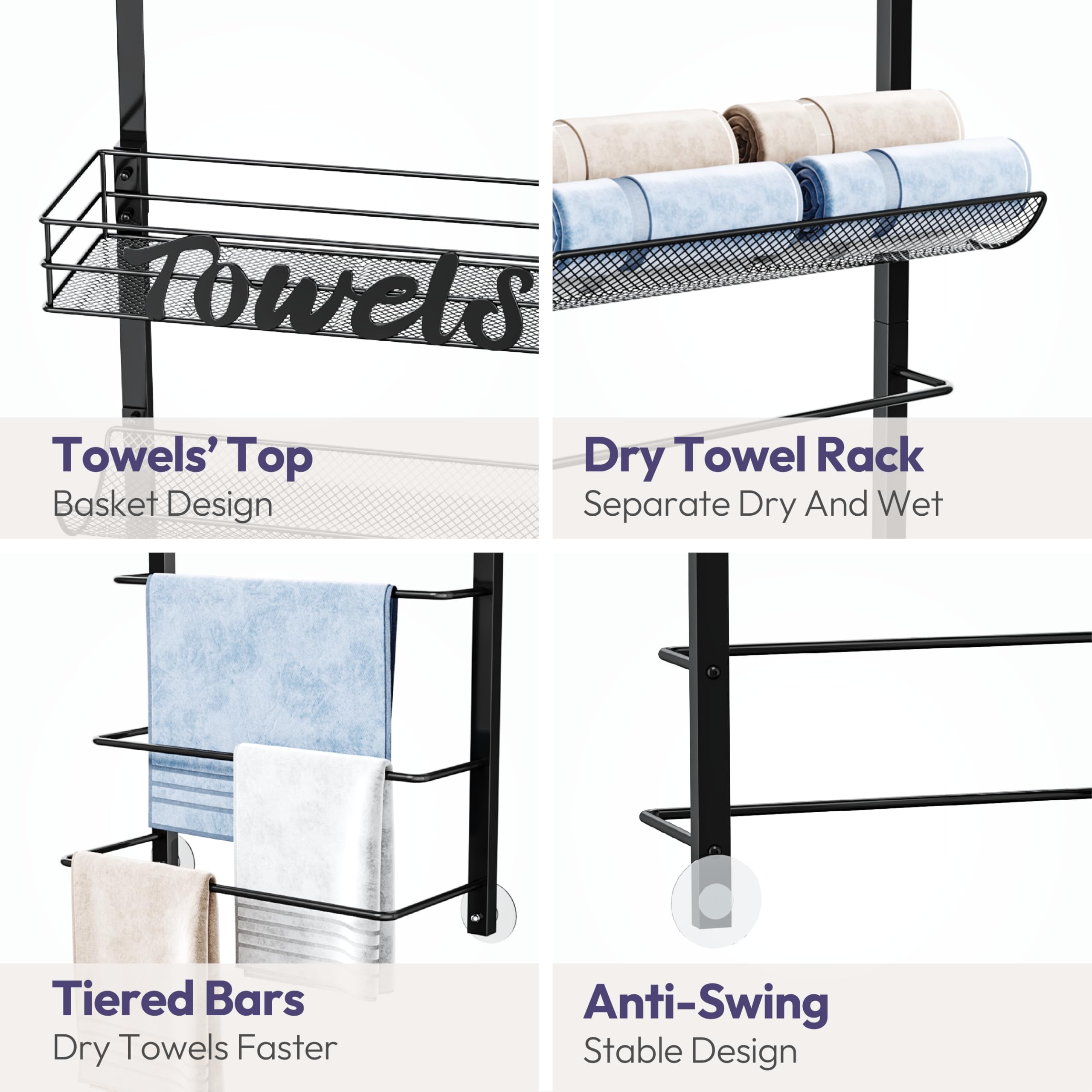 SWTYMIKI Towel Rack for Bathroom - 5 Tier Over Door The Towel Rack Wall Mounted with Metal Shelf, Over Door Towel Holder, Space-Saving Bathroom Storage, Multi-Functional Bathroom Accessories, Black