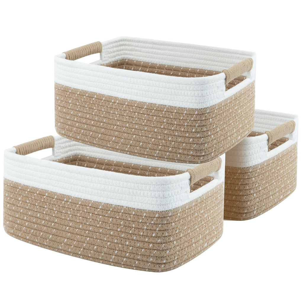 OIAHOMY 12.8x9x5.5in Woven Baskets for Storage, Storage Baskets for Shelves, Cotton Rope basket set of 3, Decorative Storage Baskets, Rectangle Basket With Handles,Brown and White