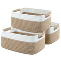 OIAHOMY 12.8x9x5.5in Woven Baskets for Storage, Storage Baskets for Shelves, Cotton Rope basket set of 3, Decorative Storage Baskets, Rectangle Basket With Handles,Brown and White