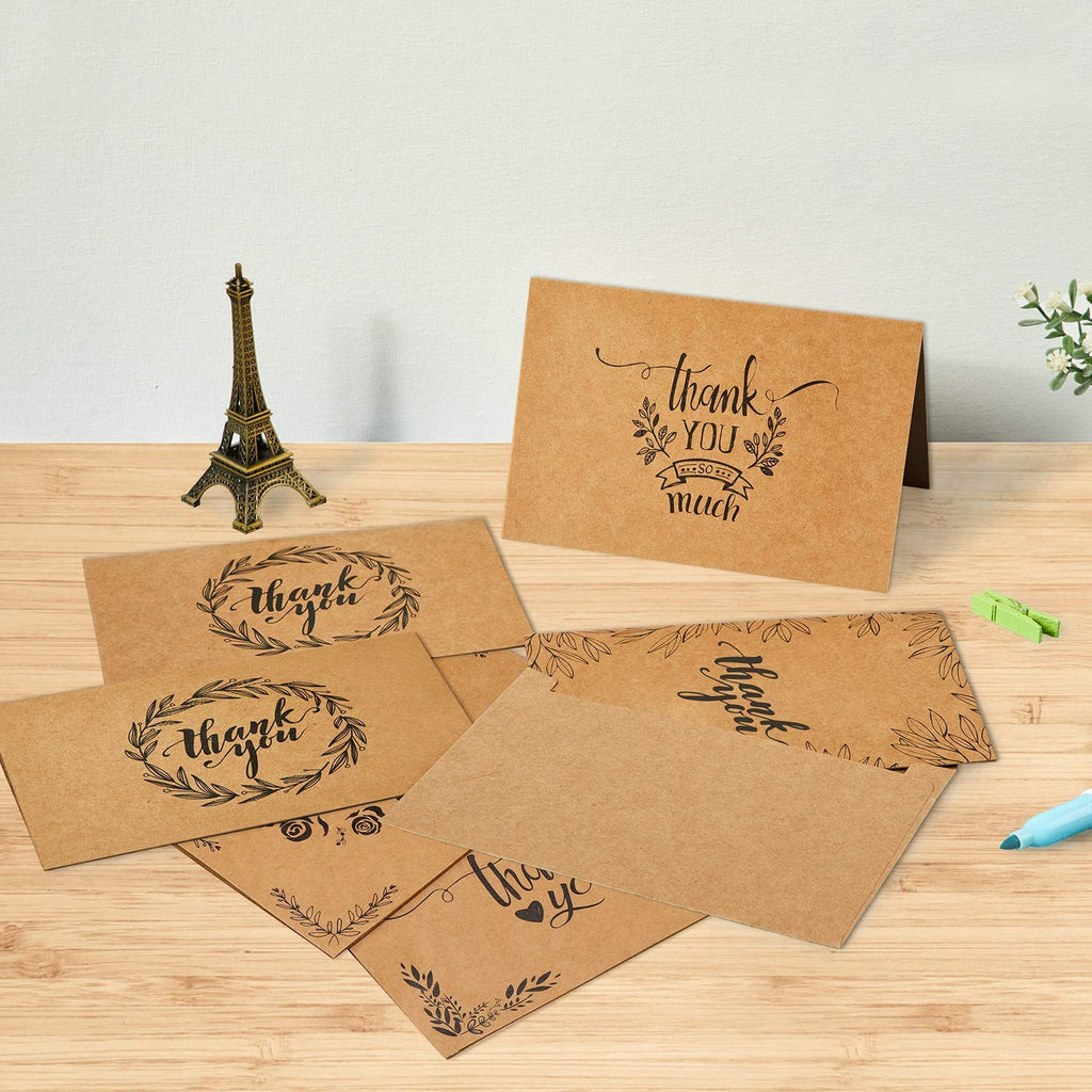 144 Thank You Cards Bulk, Brown Kraft 4x6 Inch Thank You Notes with Envelopes and Stickers, 6 Elegant Designs Greeting Cards for Business, Wedding, Baby Shower, Blank Inside