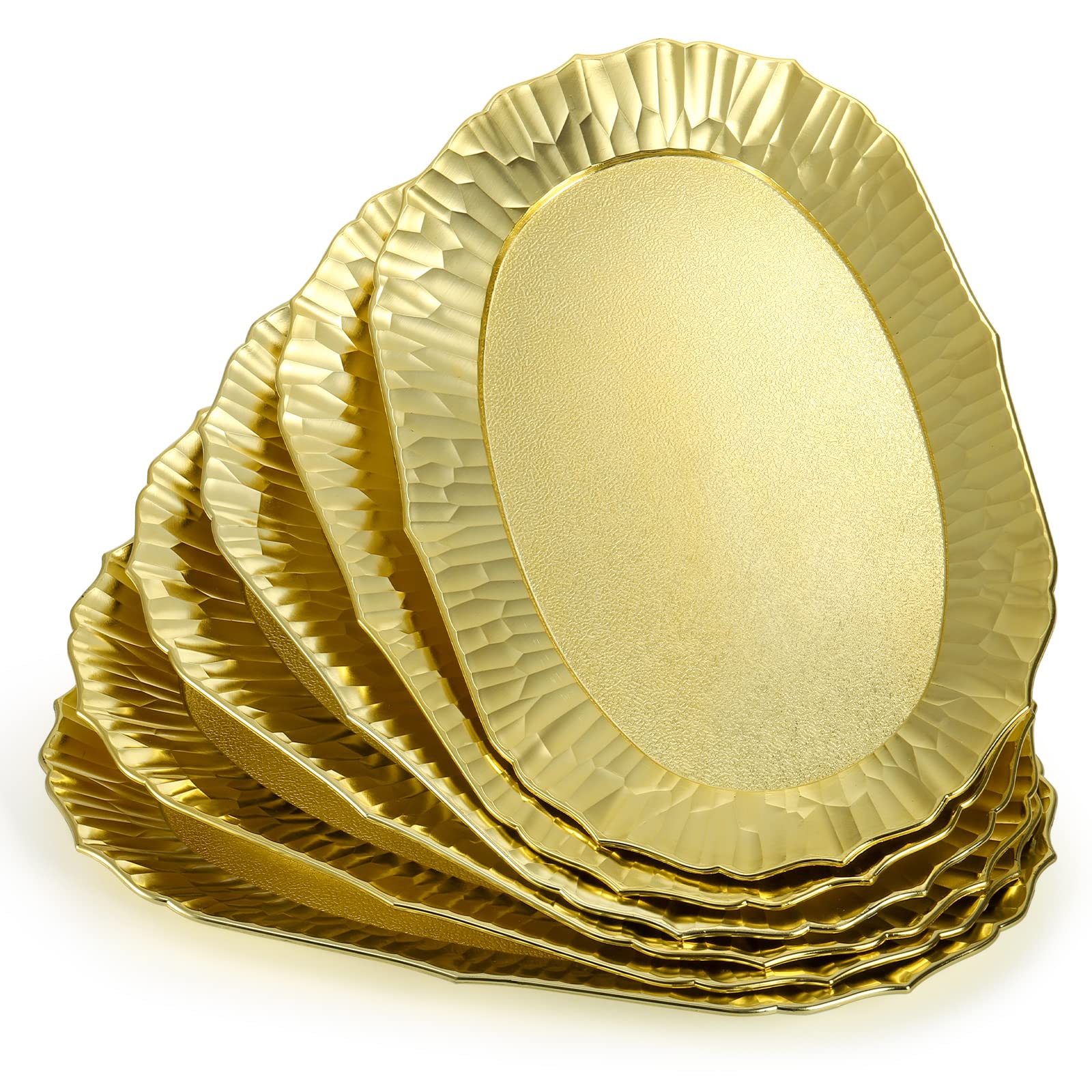 AVLA 6 Pack Gold Plastic Serving Platters, Reusable Party Snack Trays, Decorative Food Appetizer Platters for Dessert Table, Cupcake, Charcuterie, Cookies, 14" x 8.5"