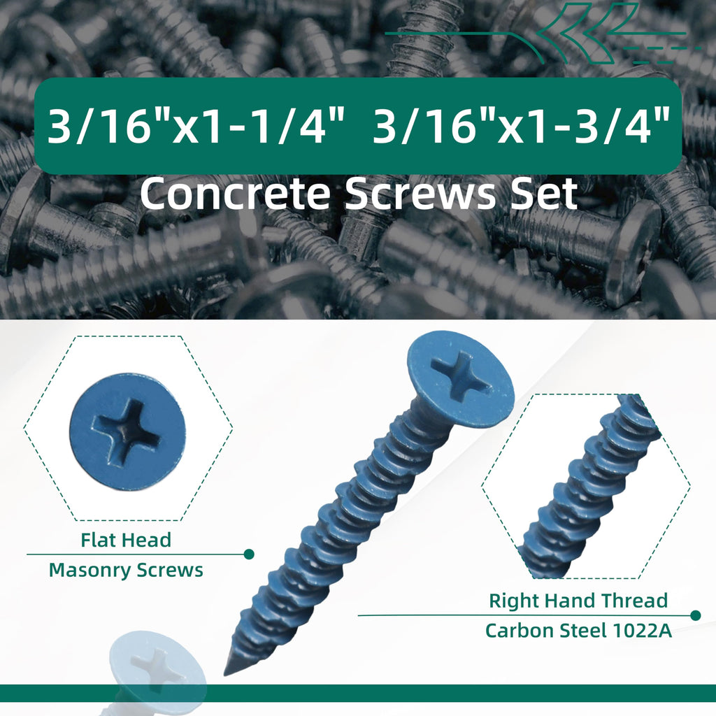 314Pcs Concrete Screws Set,Carbon Steel 1022A Flat & Hex Head Concrete Screws 1/4" x1-1/4 to 2-1/4" and 3/16" x1-1/4 to 2-3/4"Screw Assortment Kit