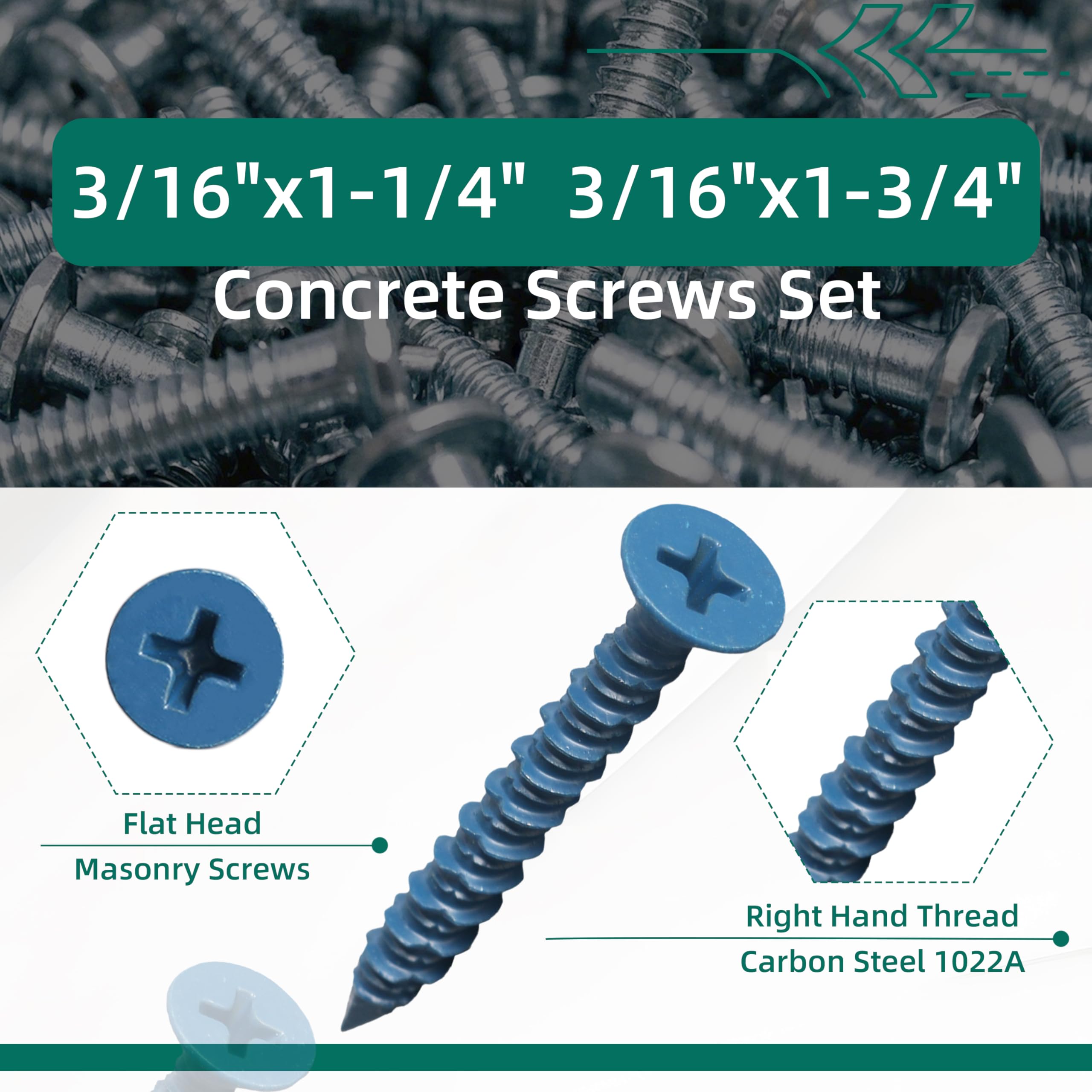 314Pcs Concrete Screws Set,Carbon Steel 1022A Flat & Hex Head Concrete Screws 1/4" x1-1/4 to 2-1/4" and 3/16" x1-1/4 to 2-3/4"Screw Assortment Kit