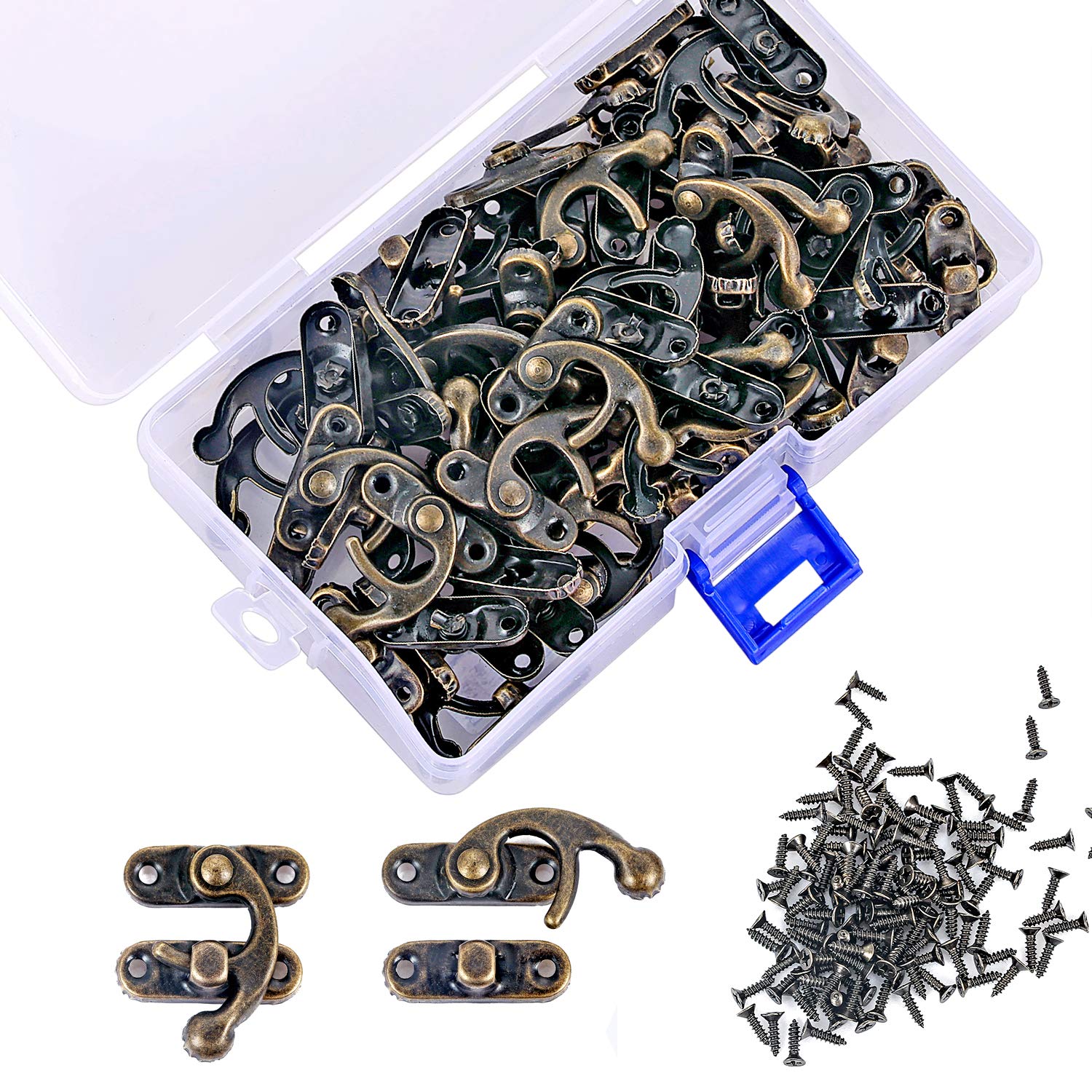 PGMJ 80 Pieces Jewelry Box Hardware Bronze Tone Antique Right Latch Hook Hasp Horn Lock Wood Jewelry Box Latch Hook Clasp and 320 Replacement Screws (Right Latch Buckle) (160, Bronze)