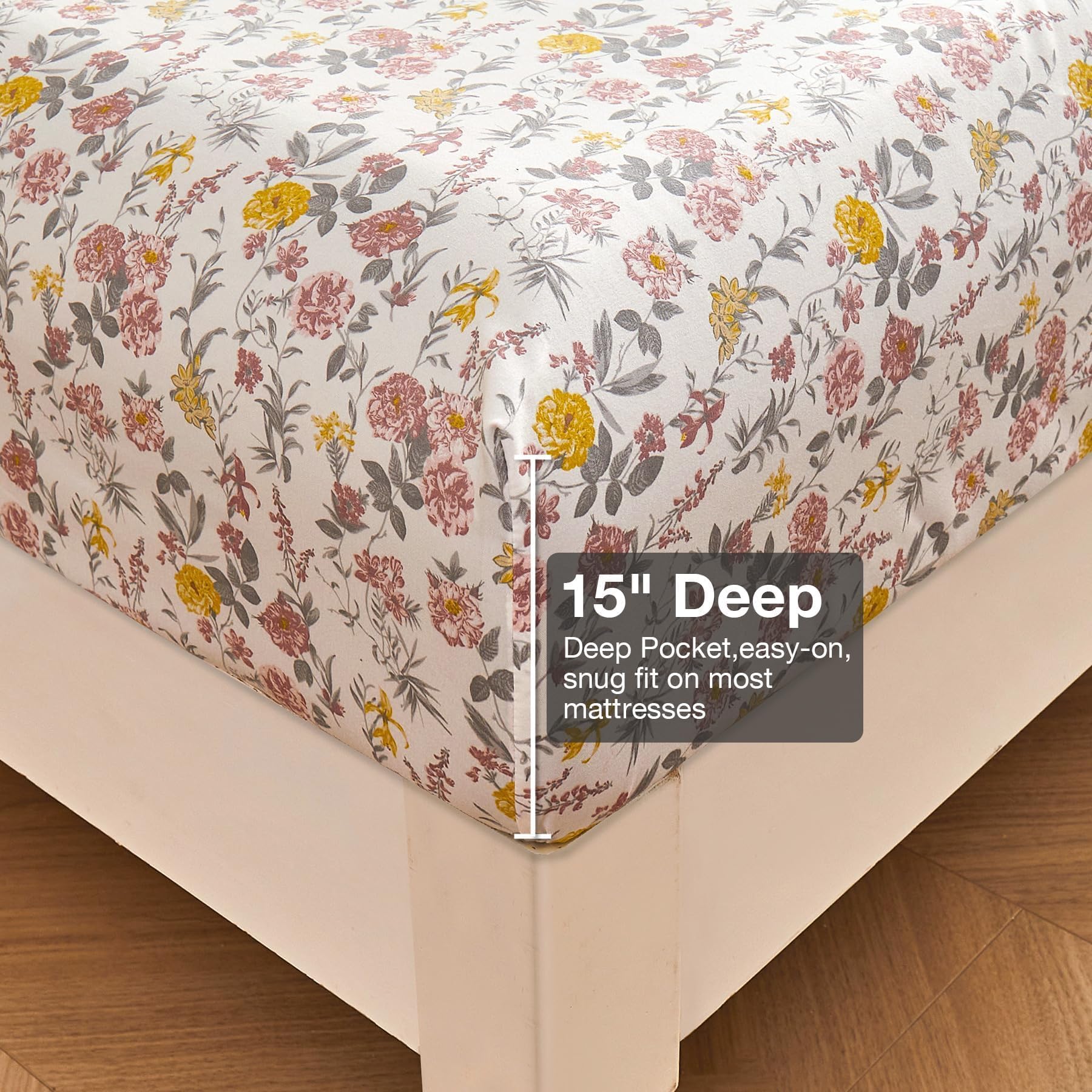 Viviland Floral King Sheet Set - 4 Piece Vintage Pink & Yellow Flower Patterned Bed Sheets - Soft, Breathable Microfiber Sheets with Deep Pocket, Non-Slip Fitted Sheets & Pillowcases
